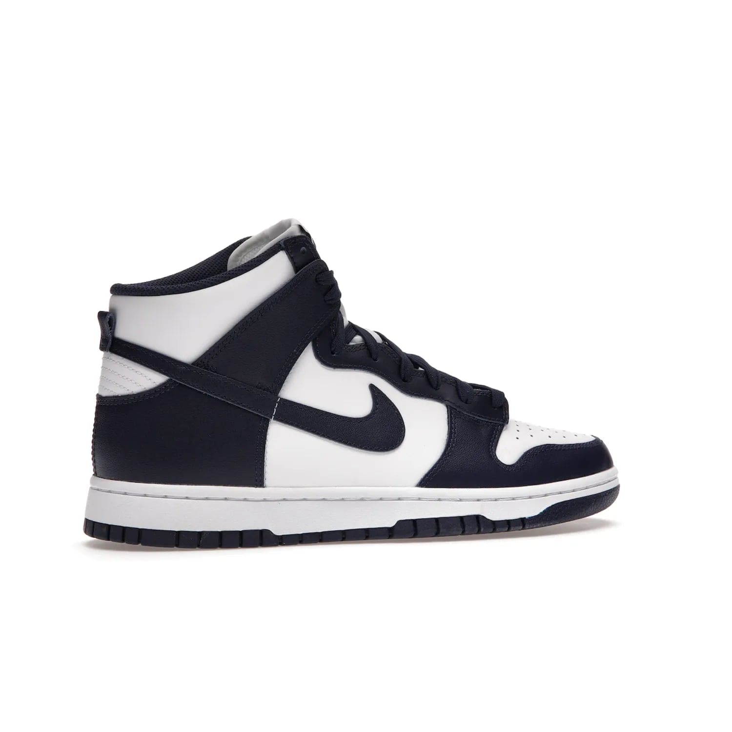 Nike Dunk High Championship Navy - Image 35 - Only at www.BallersClubKickz.com - Classic Nike Dunk High sneaker delivers an unforgettable style with white leather upper, Championship Navy overlays, and matching woven tongue label and sole. Make a statement with the Championship Navy today.