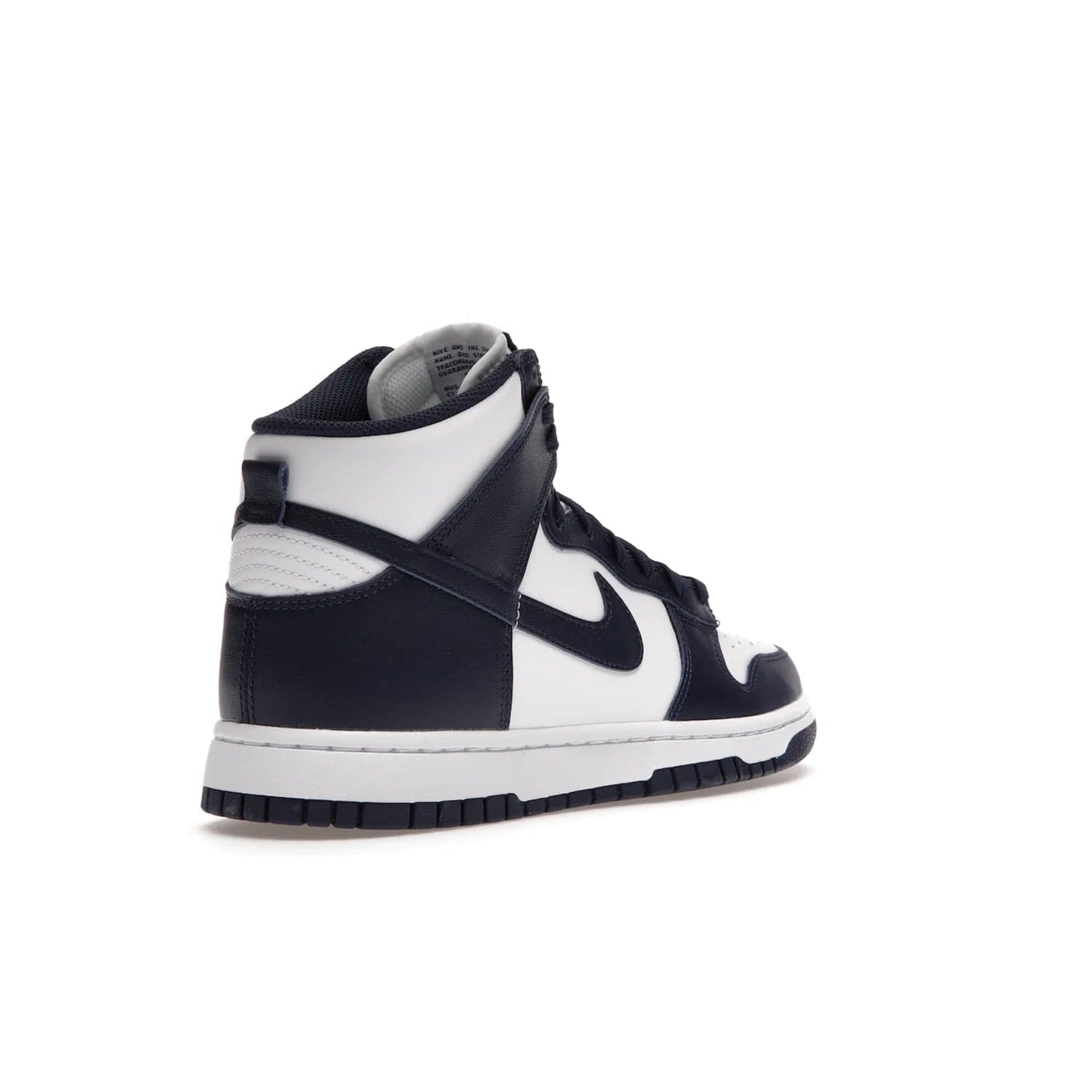 Nike Dunk High Championship Navy - Image 32 - Only at www.BallersClubKickz.com - Classic Nike Dunk High sneaker delivers an unforgettable style with white leather upper, Championship Navy overlays, and matching woven tongue label and sole. Make a statement with the Championship Navy today.