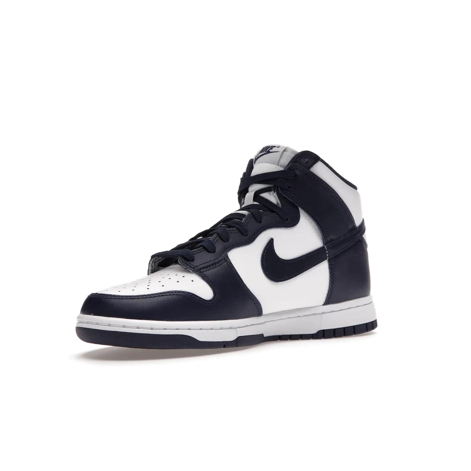 Nike Dunk High Championship Navy - Image 15 - Only at www.BallersClubKickz.com - Classic Nike Dunk High sneaker delivers an unforgettable style with white leather upper, Championship Navy overlays, and matching woven tongue label and sole. Make a statement with the Championship Navy today.