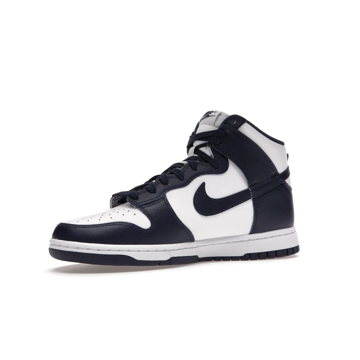 Nike Dunk High Championship Navy - Image 16 - Only at www.BallersClubKickz.com - Classic Nike Dunk High sneaker delivers an unforgettable style with white leather upper, Championship Navy overlays, and matching woven tongue label and sole. Make a statement with the Championship Navy today.