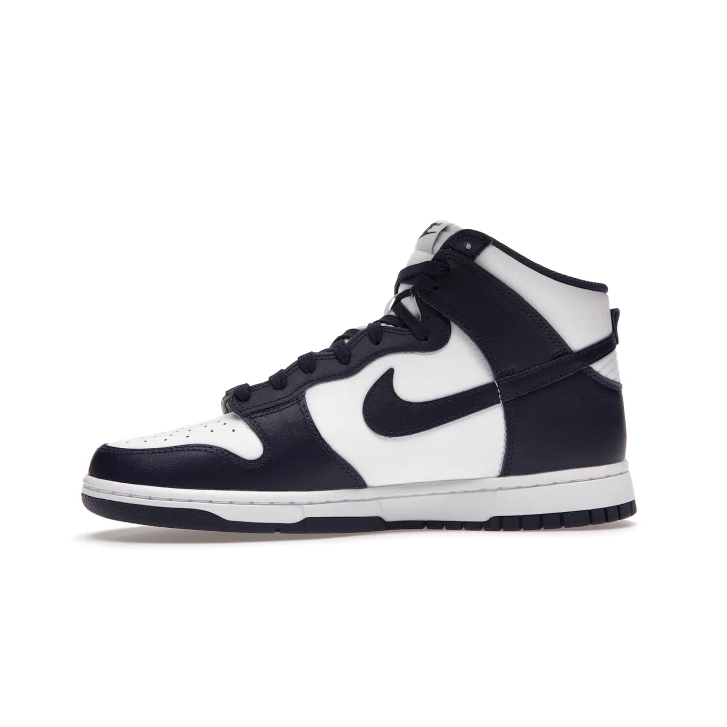 Nike Dunk High Championship Navy - Image 18 - Only at www.BallersClubKickz.com - Classic Nike Dunk High sneaker delivers an unforgettable style with white leather upper, Championship Navy overlays, and matching woven tongue label and sole. Make a statement with the Championship Navy today.