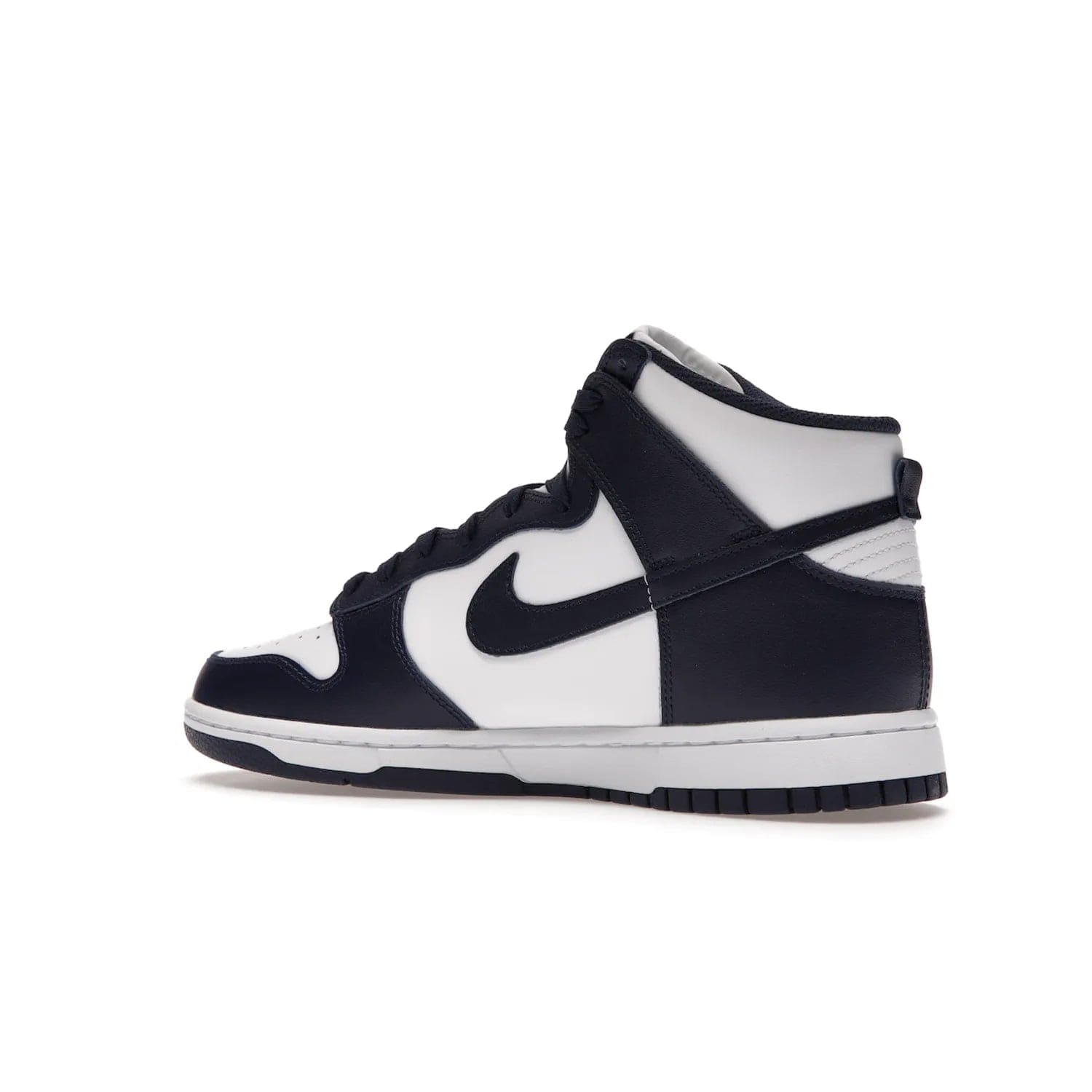 Nike Dunk High Championship Navy - Image 22 - Only at www.BallersClubKickz.com - Classic Nike Dunk High sneaker delivers an unforgettable style with white leather upper, Championship Navy overlays, and matching woven tongue label and sole. Make a statement with the Championship Navy today.