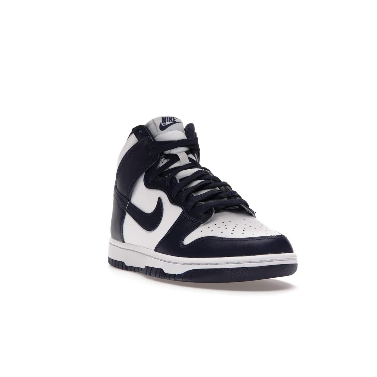 Nike Dunk High Championship Navy - Image 7 - Only at www.BallersClubKickz.com - Classic Nike Dunk High sneaker delivers an unforgettable style with white leather upper, Championship Navy overlays, and matching woven tongue label and sole. Make a statement with the Championship Navy today.