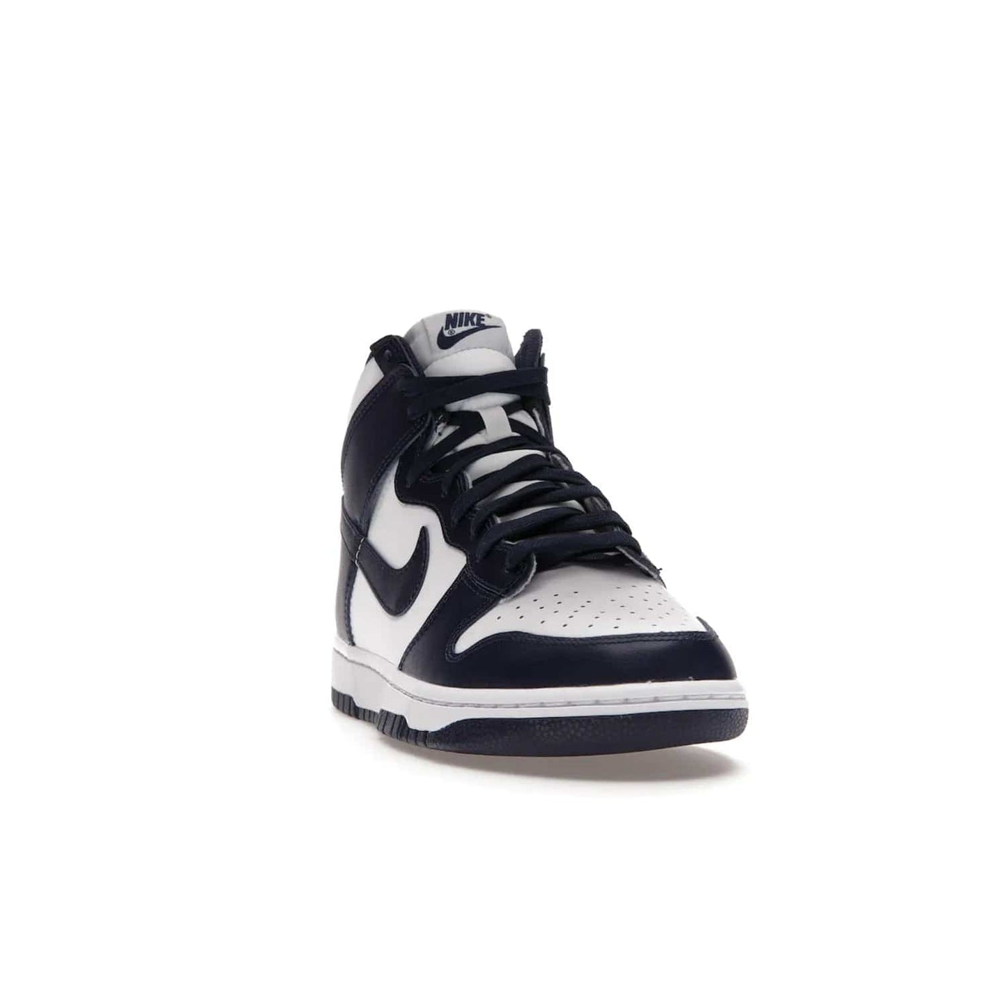 Nike Dunk High Championship Navy - Image 8 - Only at www.BallersClubKickz.com - Classic Nike Dunk High sneaker delivers an unforgettable style with white leather upper, Championship Navy overlays, and matching woven tongue label and sole. Make a statement with the Championship Navy today.