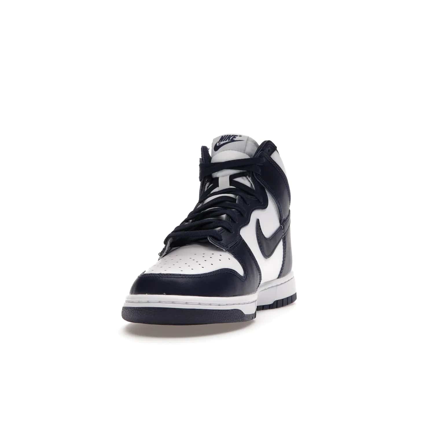 Nike Dunk High Championship Navy - Image 12 - Only at www.BallersClubKickz.com - Classic Nike Dunk High sneaker delivers an unforgettable style with white leather upper, Championship Navy overlays, and matching woven tongue label and sole. Make a statement with the Championship Navy today.