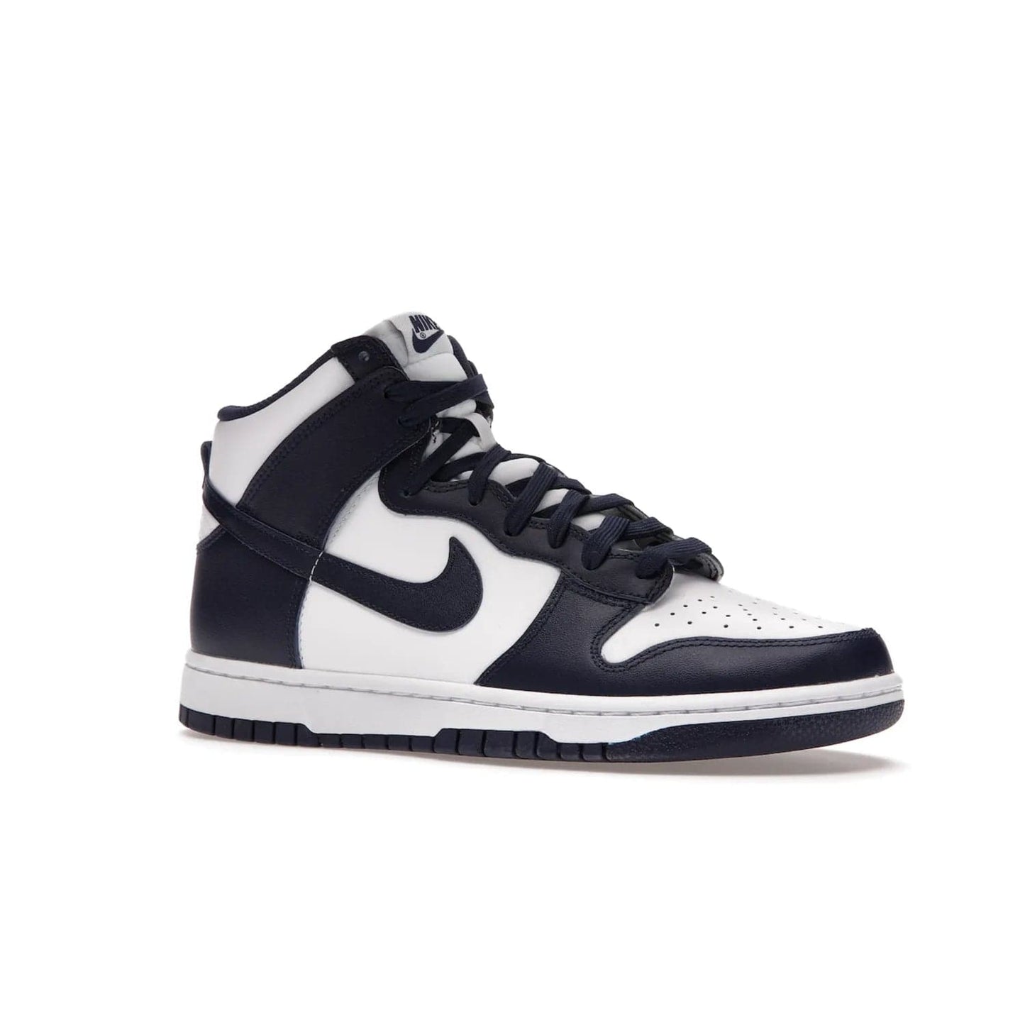 Nike Dunk High Championship Navy - Image 4 - Only at www.BallersClubKickz.com - Classic Nike Dunk High sneaker delivers an unforgettable style with white leather upper, Championship Navy overlays, and matching woven tongue label and sole. Make a statement with the Championship Navy today.