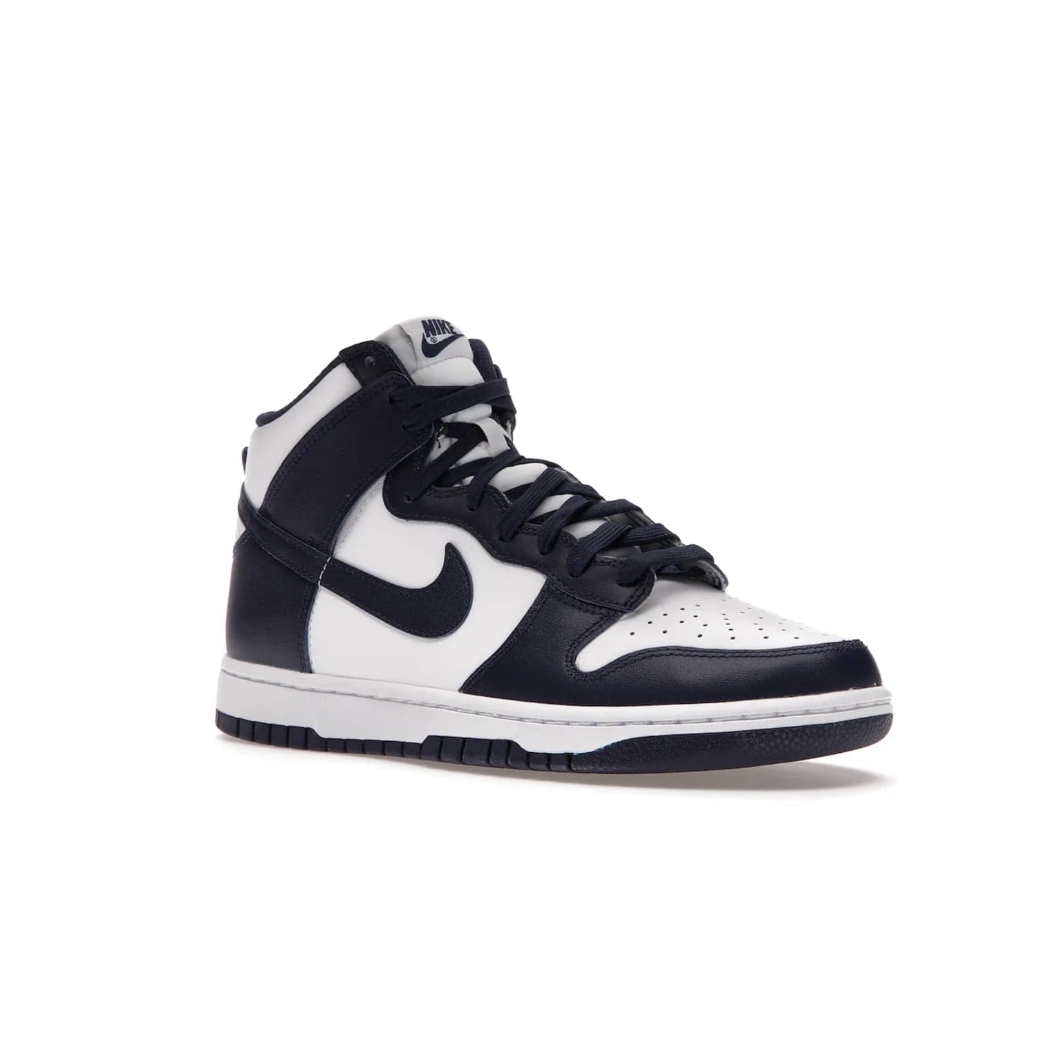Nike Dunk High Championship Navy - Image 5 - Only at www.BallersClubKickz.com - Classic Nike Dunk High sneaker delivers an unforgettable style with white leather upper, Championship Navy overlays, and matching woven tongue label and sole. Make a statement with the Championship Navy today.