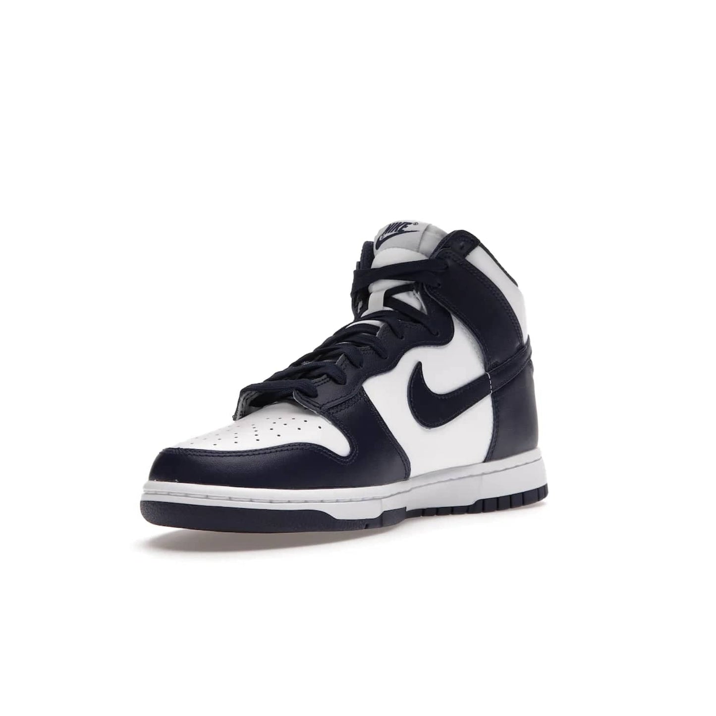 Nike Dunk High Championship Navy - Image 14 - Only at www.BallersClubKickz.com - Classic Nike Dunk High sneaker delivers an unforgettable style with white leather upper, Championship Navy overlays, and matching woven tongue label and sole. Make a statement with the Championship Navy today.