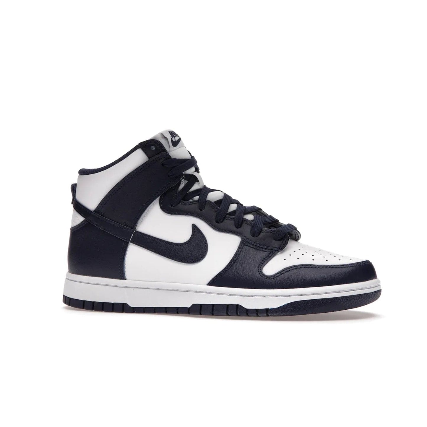 Nike Dunk High Championship Navy - Image 3 - Only at www.BallersClubKickz.com - Classic Nike Dunk High sneaker delivers an unforgettable style with white leather upper, Championship Navy overlays, and matching woven tongue label and sole. Make a statement with the Championship Navy today.