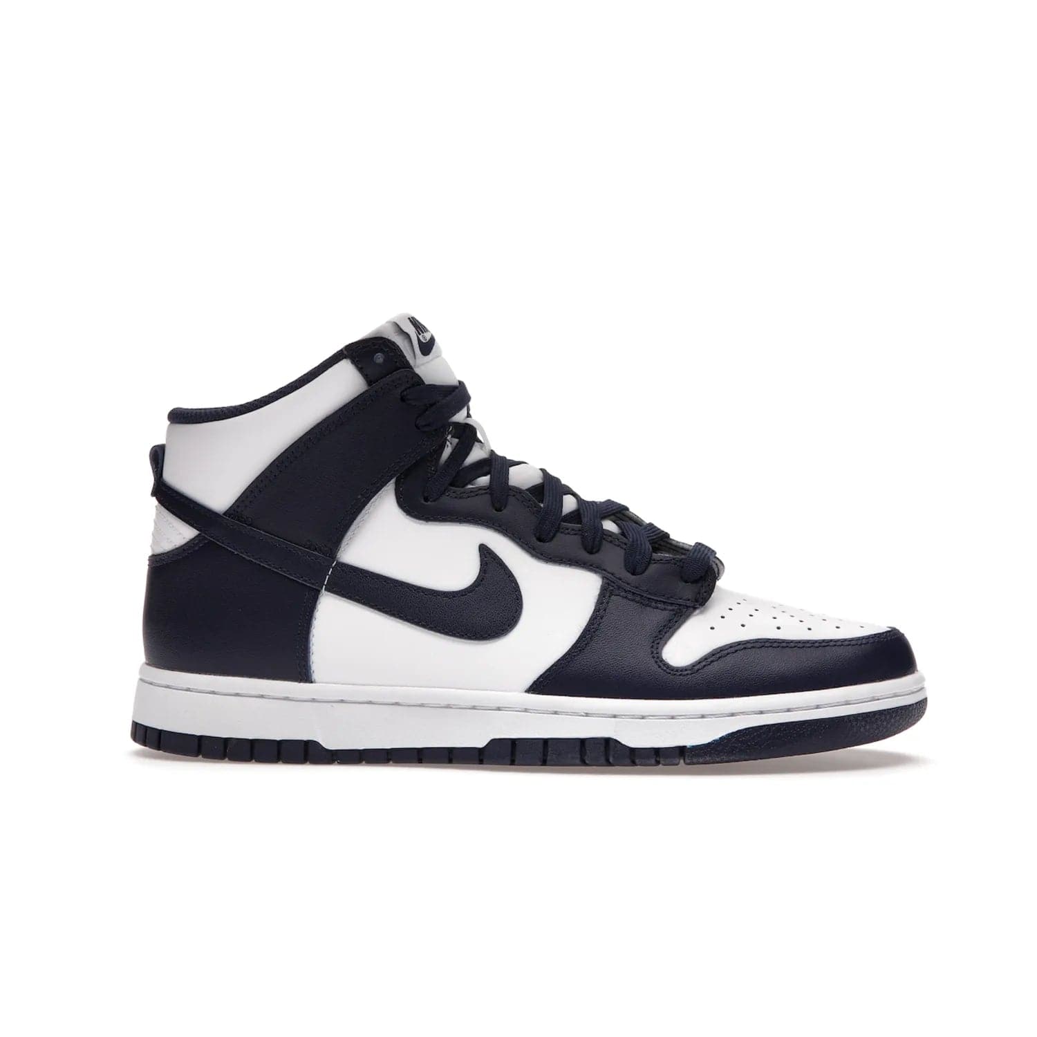 Nike Dunk High Championship Navy - Image 2 - Only at www.BallersClubKickz.com - Classic Nike Dunk High sneaker delivers an unforgettable style with white leather upper, Championship Navy overlays, and matching woven tongue label and sole. Make a statement with the Championship Navy today.