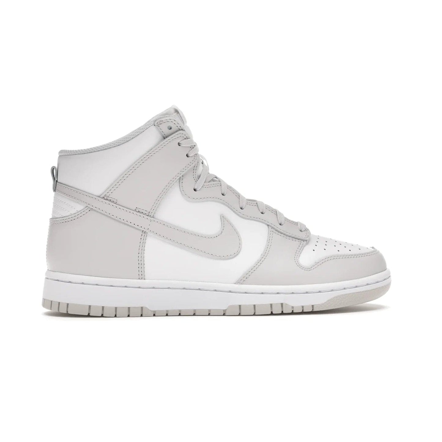 Nike Dunk High Retro White Vast Grey (2021) - Image 36 - Only at www.BallersClubKickz.com - Nike Dunk High Retro White Vast Grey 2021: classic '80s basketball sneaker with a crisp white base, grey overlays, midsole tooling and outsole. Dropped Feb. 2021.
