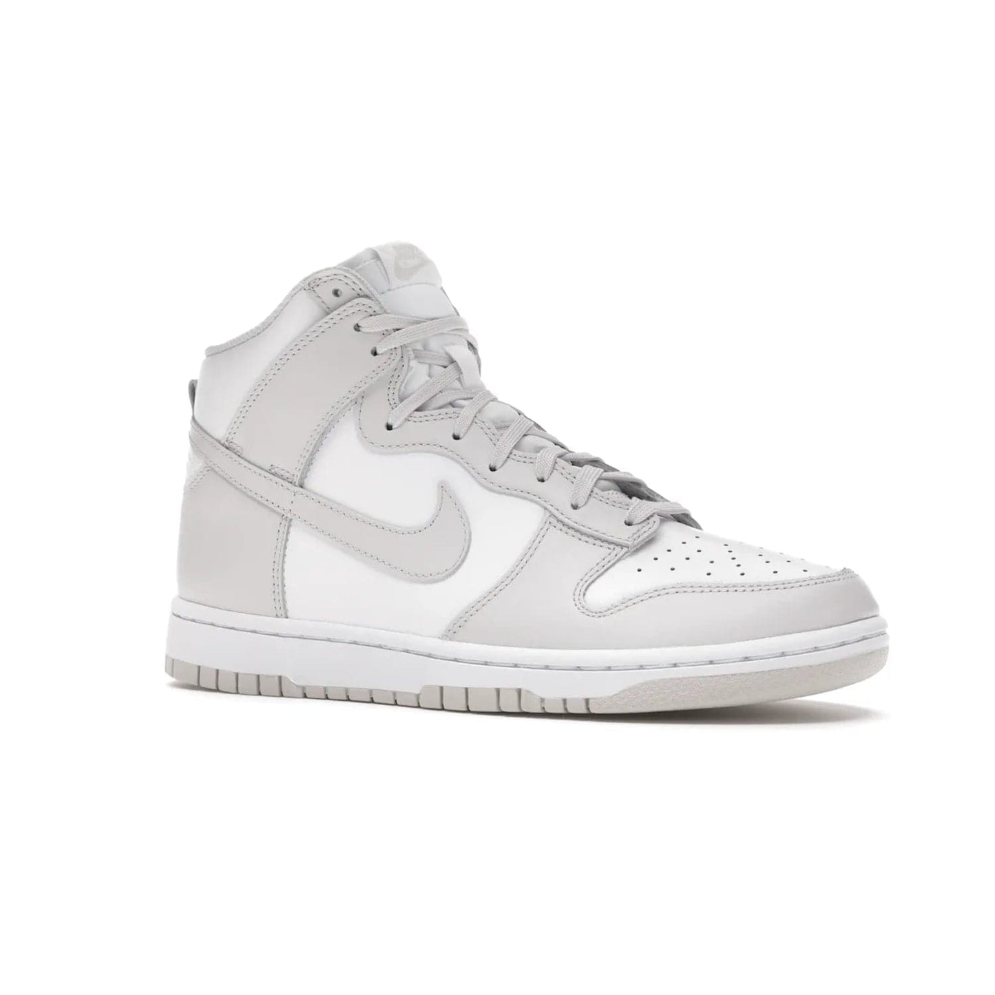 Nike Dunk High Retro White Vast Grey (2021) - Image 4 - Only at www.BallersClubKickz.com - Nike Dunk High Retro White Vast Grey 2021: classic '80s basketball sneaker with a crisp white base, grey overlays, midsole tooling and outsole. Dropped Feb. 2021.