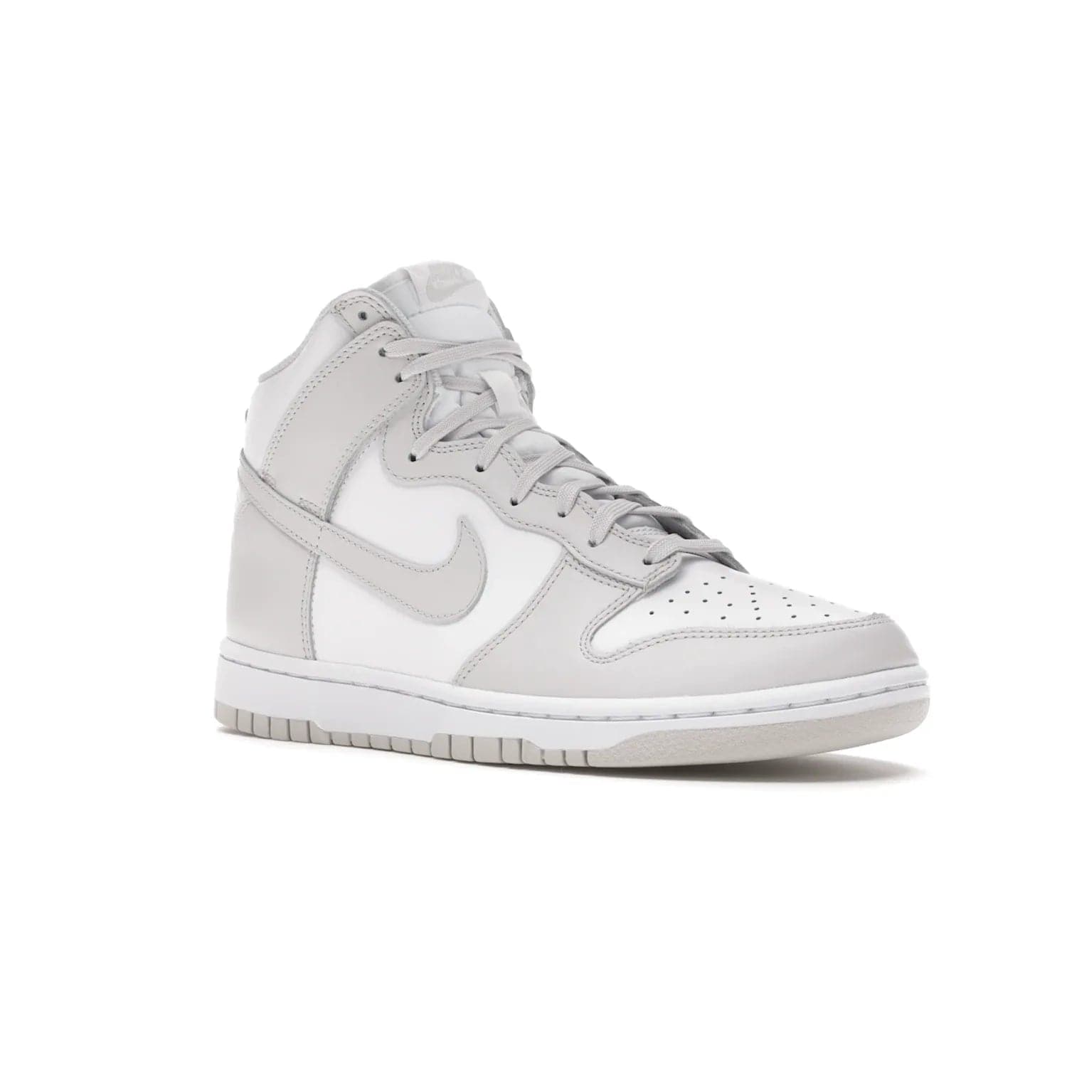 Nike Dunk High Retro White Vast Grey (2021) - Image 5 - Only at www.BallersClubKickz.com - Nike Dunk High Retro White Vast Grey 2021: classic '80s basketball sneaker with a crisp white base, grey overlays, midsole tooling and outsole. Dropped Feb. 2021.