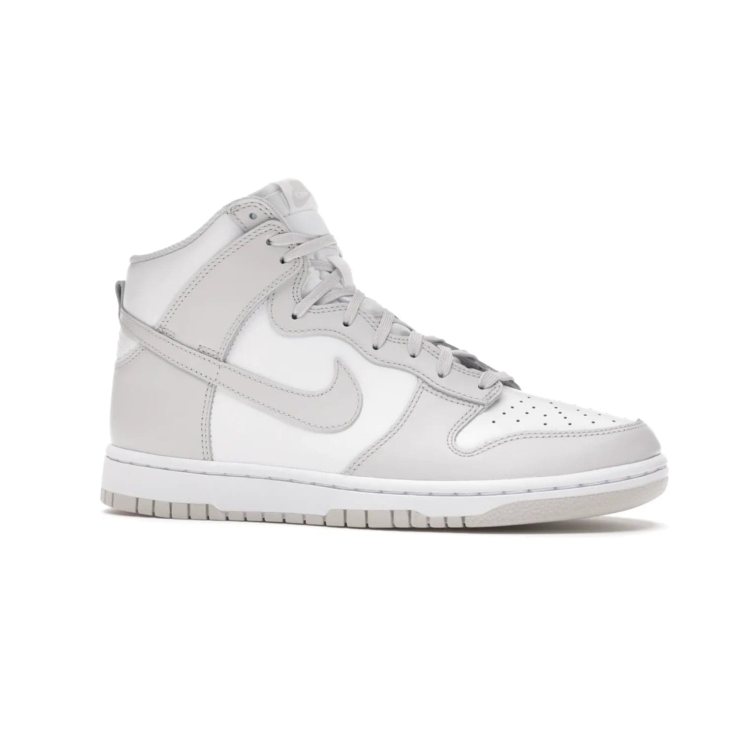 Nike Dunk High Retro White Vast Grey (2021) - Image 3 - Only at www.BallersClubKickz.com - Nike Dunk High Retro White Vast Grey 2021: classic '80s basketball sneaker with a crisp white base, grey overlays, midsole tooling and outsole. Dropped Feb. 2021.