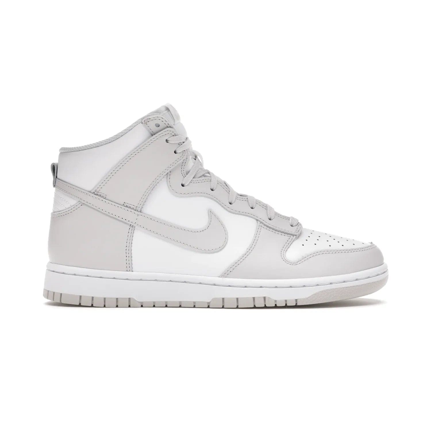 Nike Dunk High Retro White Vast Grey (2021) - Image 1 - Only at www.BallersClubKickz.com - Nike Dunk High Retro White Vast Grey 2021: classic '80s basketball sneaker with a crisp white base, grey overlays, midsole tooling and outsole. Dropped Feb. 2021.
