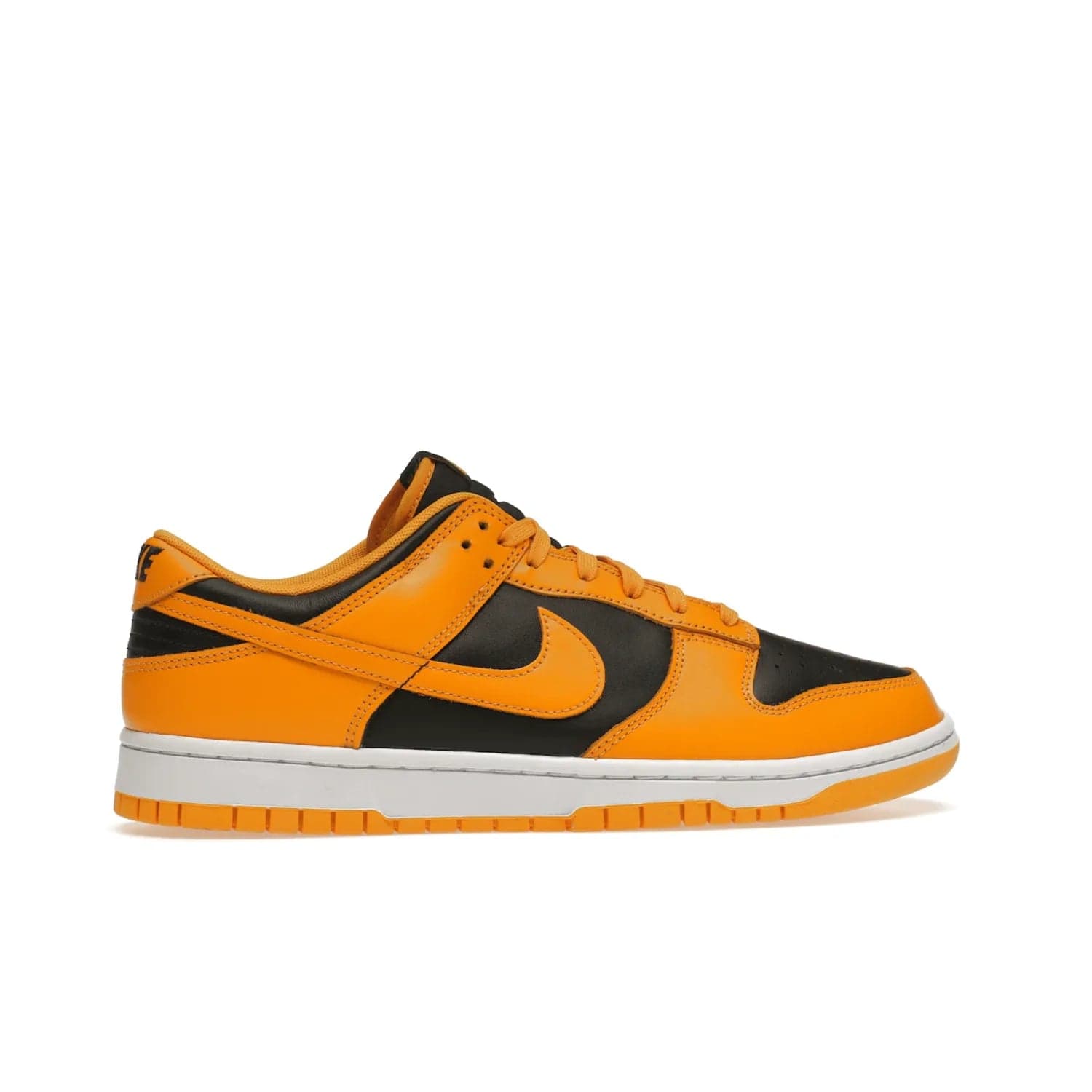 Nike Dunk Low Championship Goldenrod (2021) - Image 36 - Only at www.BallersClubKickz.com - Iconic silhouette Nike Dunk Low is back with a luxe look. Featuring a black upper, goldenrod overlays, and white and yellow Nike Air sole, this retro inspired design is perfect for the sneaker culture enthusiast. Releasing in December 2021 at $100.