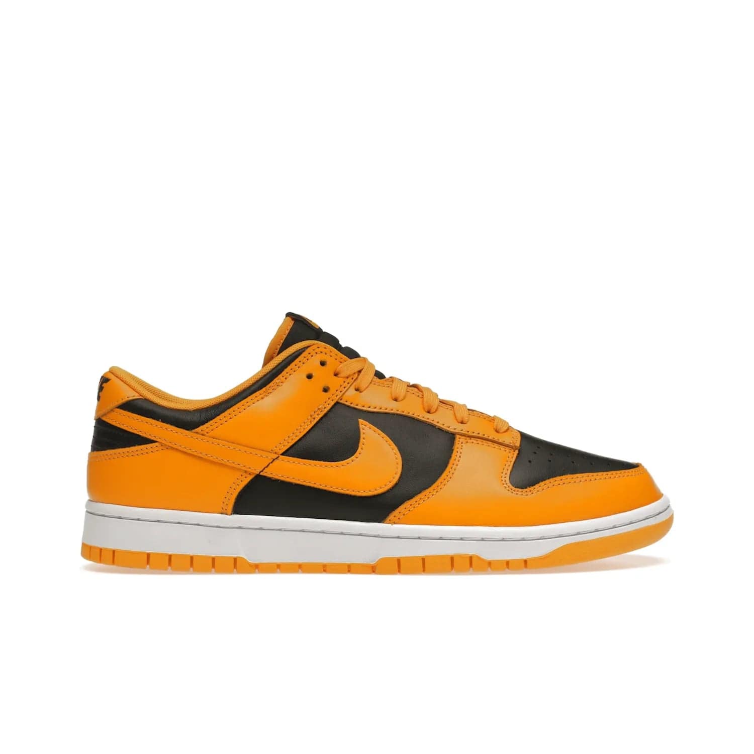 Nike Dunk Low Championship Goldenrod (2021) - Image 1 - Only at www.BallersClubKickz.com - Iconic silhouette Nike Dunk Low is back with a luxe look. Featuring a black upper, goldenrod overlays, and white and yellow Nike Air sole, this retro inspired design is perfect for the sneaker culture enthusiast. Releasing in December 2021 at $100.