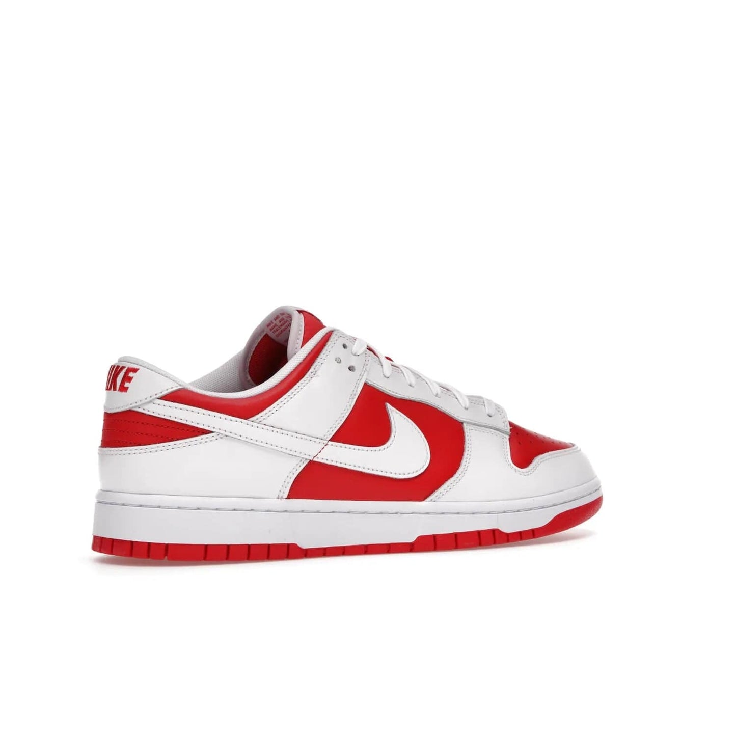 Nike Dunk Low Championship Red (2021) - Image 34 - Only at www.BallersClubKickz.com - A bold and stylish Nike Dunk Low Championship Red from 2021 with a classic retro design. University Red upper, white leather overlays and Swooshes, and a woven tongue label. Make a statement with these sleek kicks!