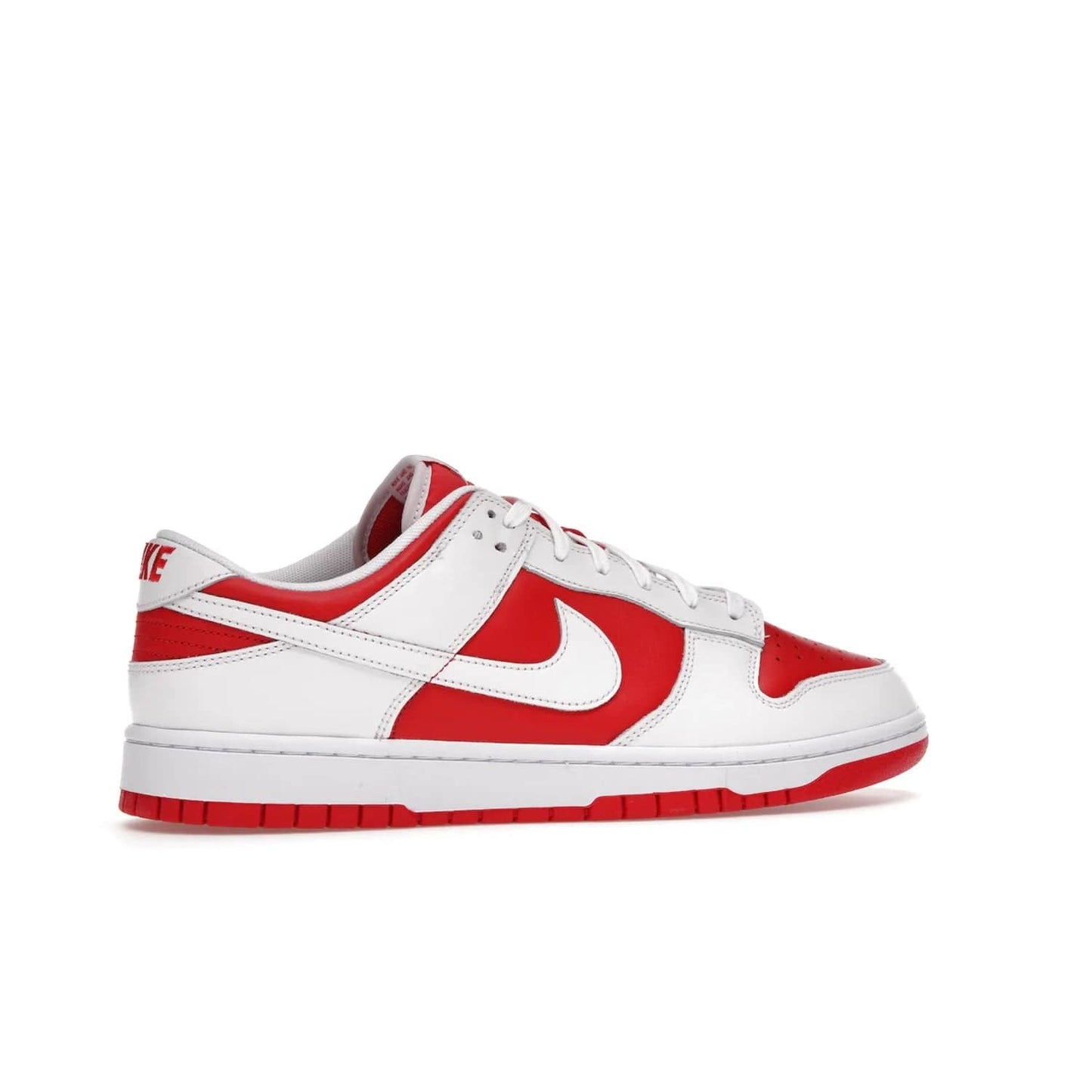 Nike Dunk Low Championship Red (2021) - Image 35 - Only at www.BallersClubKickz.com - A bold and stylish Nike Dunk Low Championship Red from 2021 with a classic retro design. University Red upper, white leather overlays and Swooshes, and a woven tongue label. Make a statement with these sleek kicks!