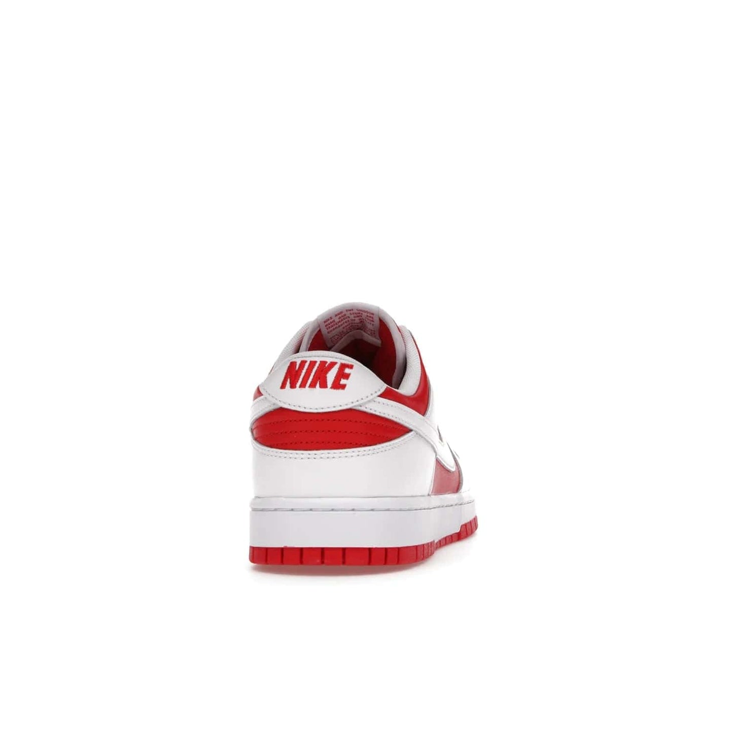 Nike Dunk Low Championship Red (2021) - Image 29 - Only at www.BallersClubKickz.com - A bold and stylish Nike Dunk Low Championship Red from 2021 with a classic retro design. University Red upper, white leather overlays and Swooshes, and a woven tongue label. Make a statement with these sleek kicks!