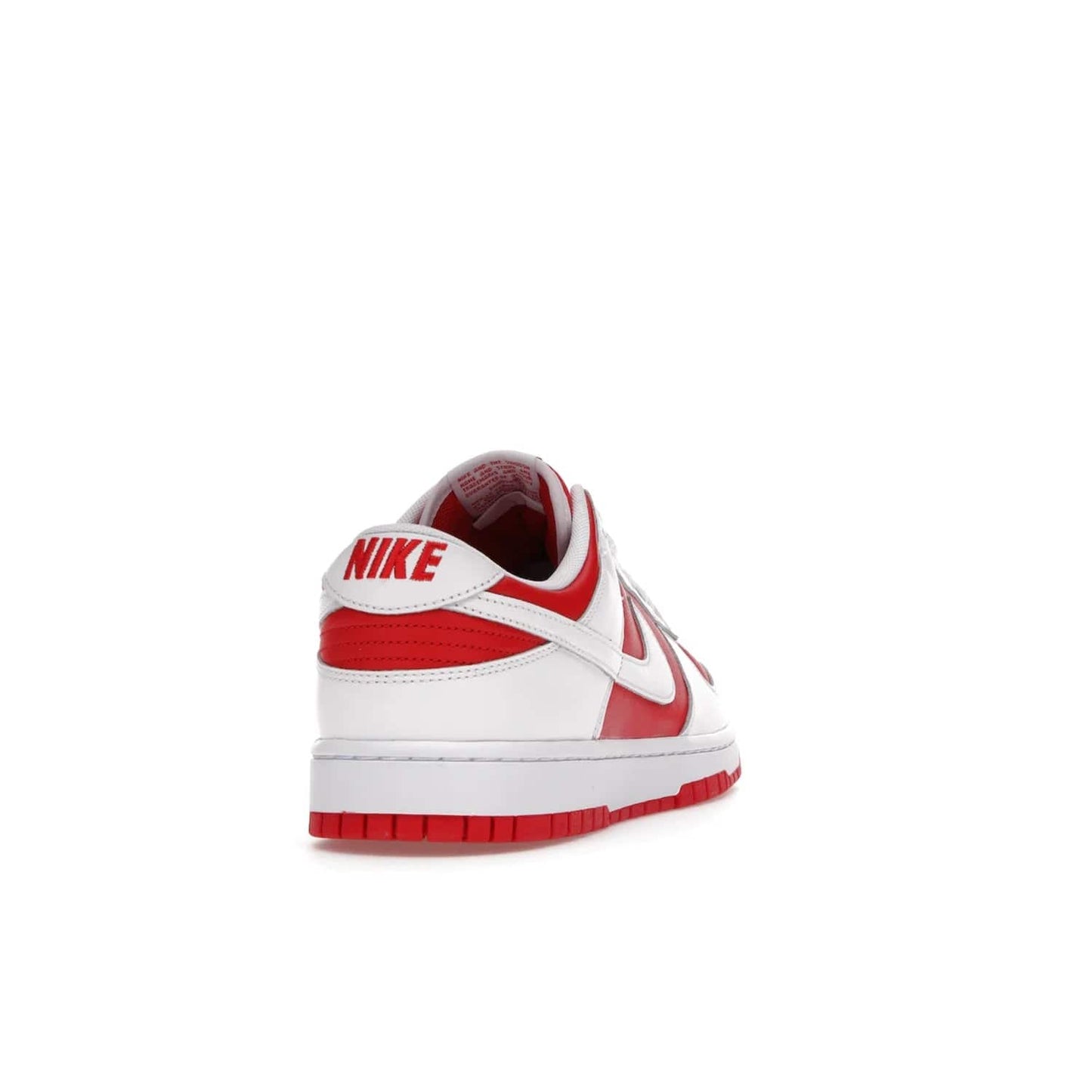Nike Dunk Low Championship Red (2021) - Image 30 - Only at www.BallersClubKickz.com - A bold and stylish Nike Dunk Low Championship Red from 2021 with a classic retro design. University Red upper, white leather overlays and Swooshes, and a woven tongue label. Make a statement with these sleek kicks!