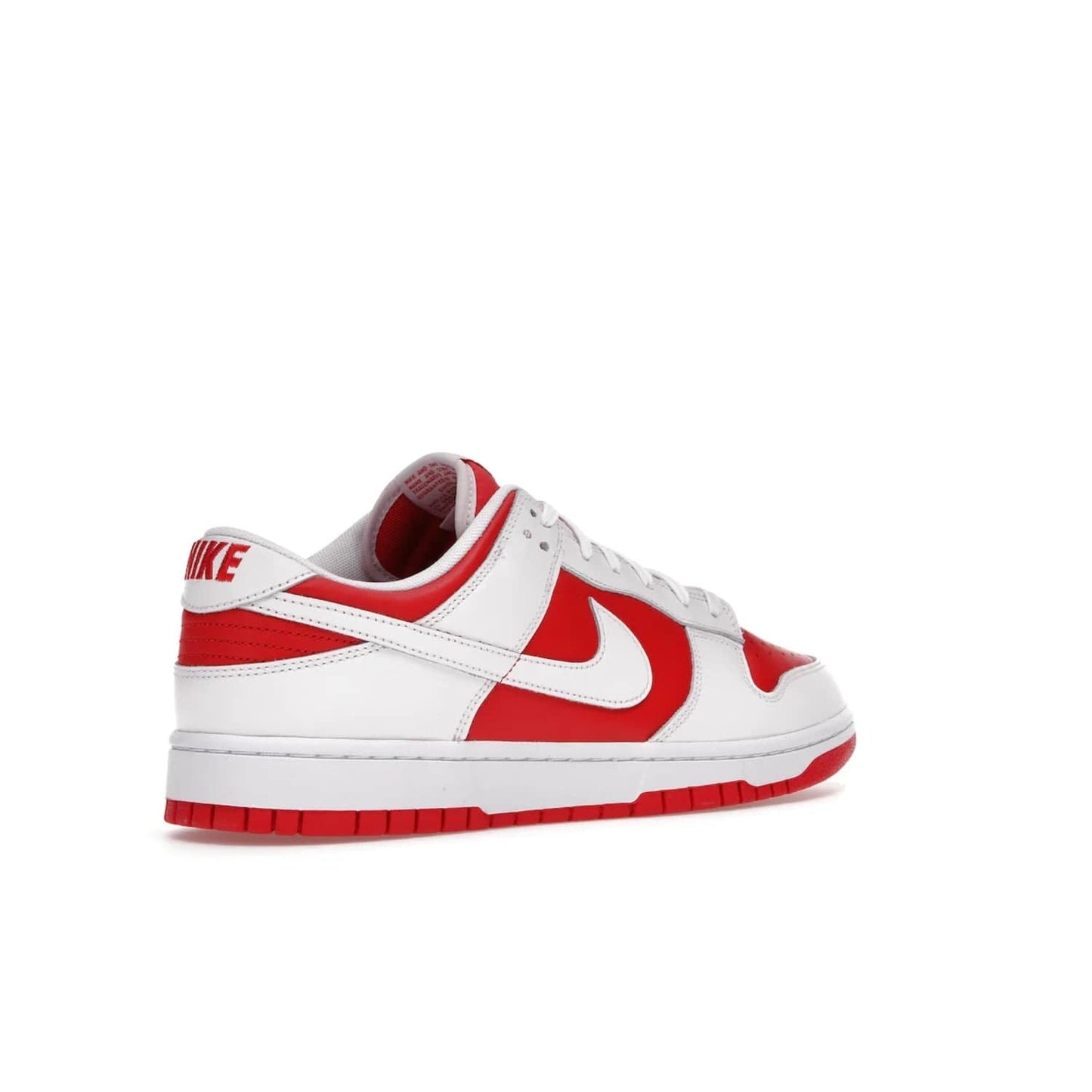 Nike Dunk Low Championship Red (2021) - Image 33 - Only at www.BallersClubKickz.com - A bold and stylish Nike Dunk Low Championship Red from 2021 with a classic retro design. University Red upper, white leather overlays and Swooshes, and a woven tongue label. Make a statement with these sleek kicks!