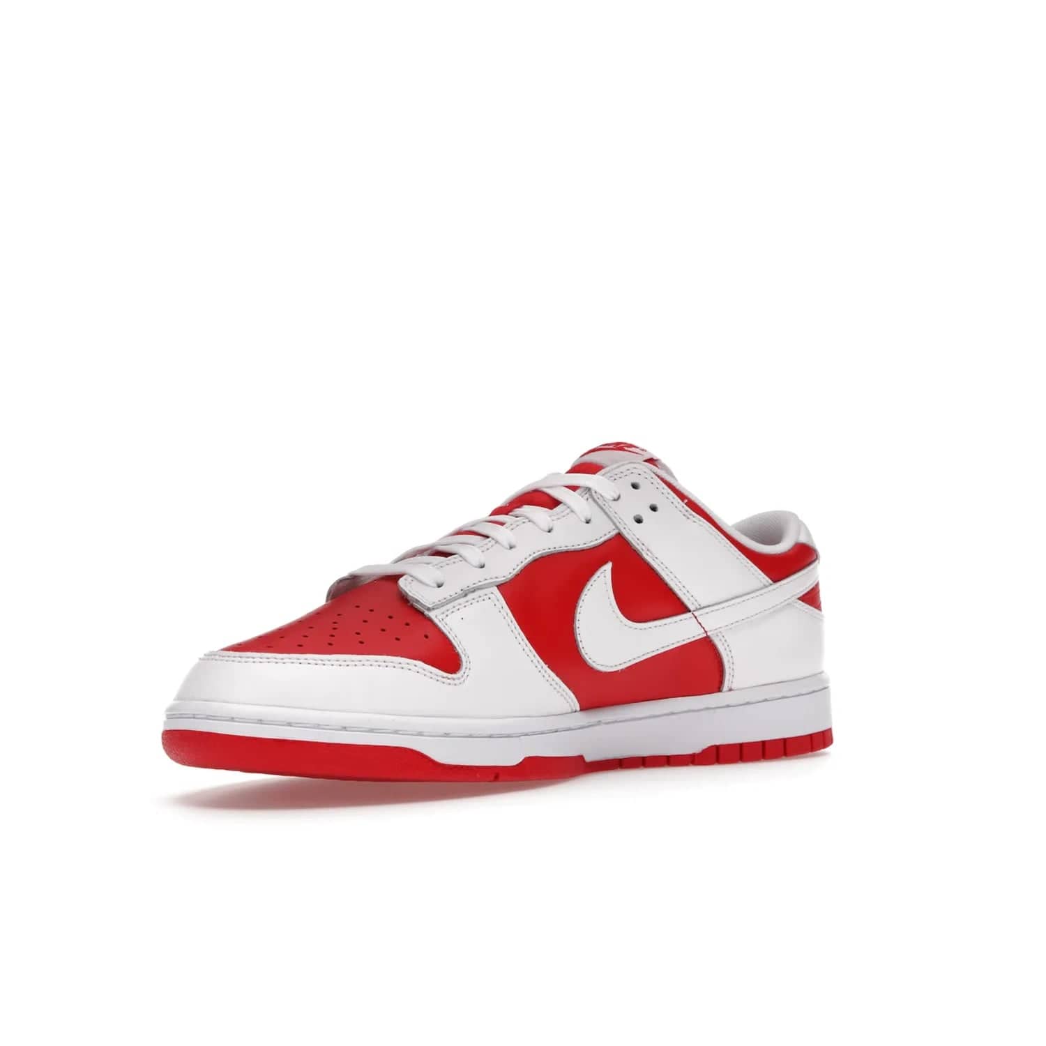 Nike Dunk Low Championship Red (2021) - Image 15 - Only at www.BallersClubKickz.com - A bold and stylish Nike Dunk Low Championship Red from 2021 with a classic retro design. University Red upper, white leather overlays and Swooshes, and a woven tongue label. Make a statement with these sleek kicks!