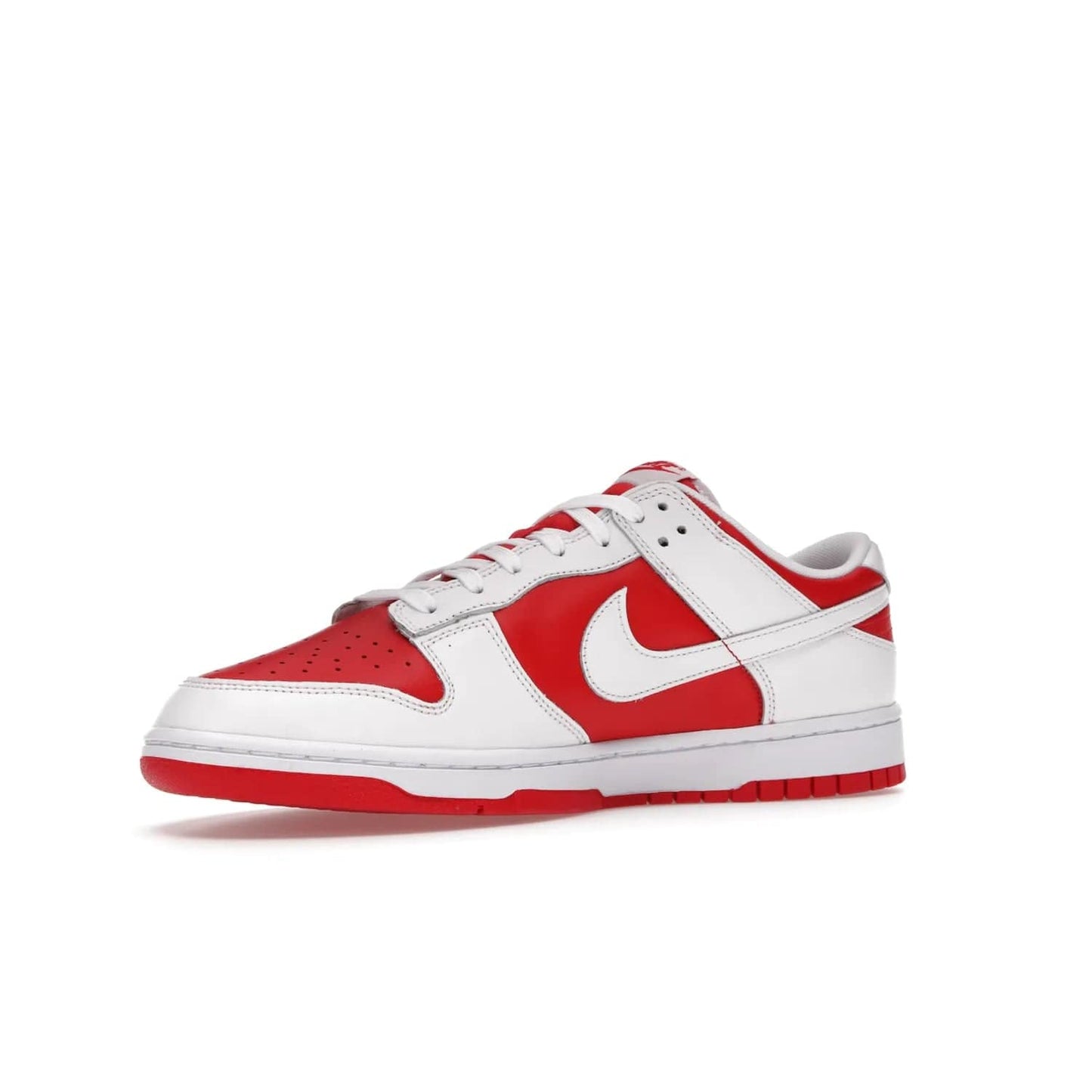 Nike Dunk Low Championship Red (2021) - Image 16 - Only at www.BallersClubKickz.com - A bold and stylish Nike Dunk Low Championship Red from 2021 with a classic retro design. University Red upper, white leather overlays and Swooshes, and a woven tongue label. Make a statement with these sleek kicks!