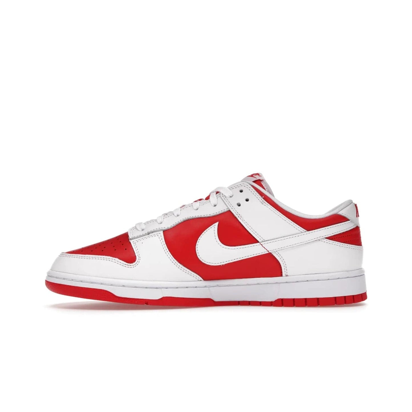 Nike Dunk Low Championship Red (2021) - Image 19 - Only at www.BallersClubKickz.com - A bold and stylish Nike Dunk Low Championship Red from 2021 with a classic retro design. University Red upper, white leather overlays and Swooshes, and a woven tongue label. Make a statement with these sleek kicks!