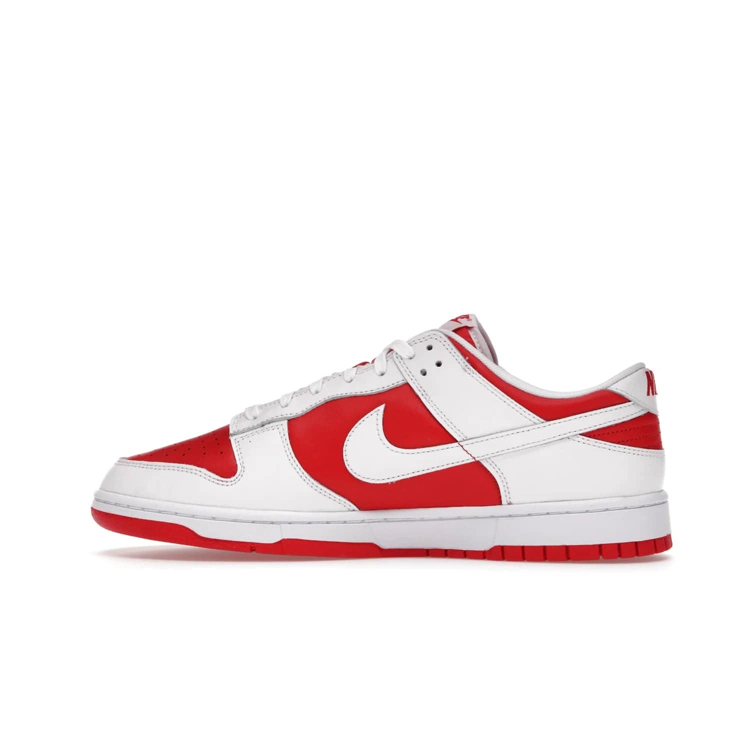 Nike Dunk Low Championship Red (2021) - Image 20 - Only at www.BallersClubKickz.com - A bold and stylish Nike Dunk Low Championship Red from 2021 with a classic retro design. University Red upper, white leather overlays and Swooshes, and a woven tongue label. Make a statement with these sleek kicks!