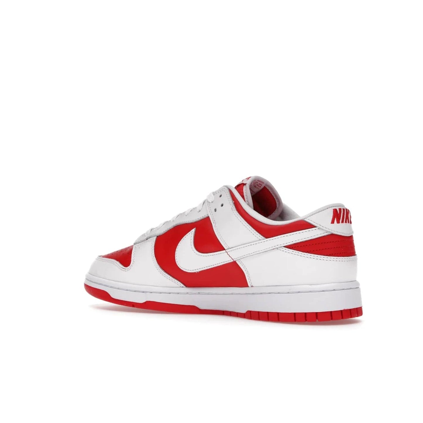 Nike Dunk Low Championship Red (2021) - Image 23 - Only at www.BallersClubKickz.com - A bold and stylish Nike Dunk Low Championship Red from 2021 with a classic retro design. University Red upper, white leather overlays and Swooshes, and a woven tongue label. Make a statement with these sleek kicks!