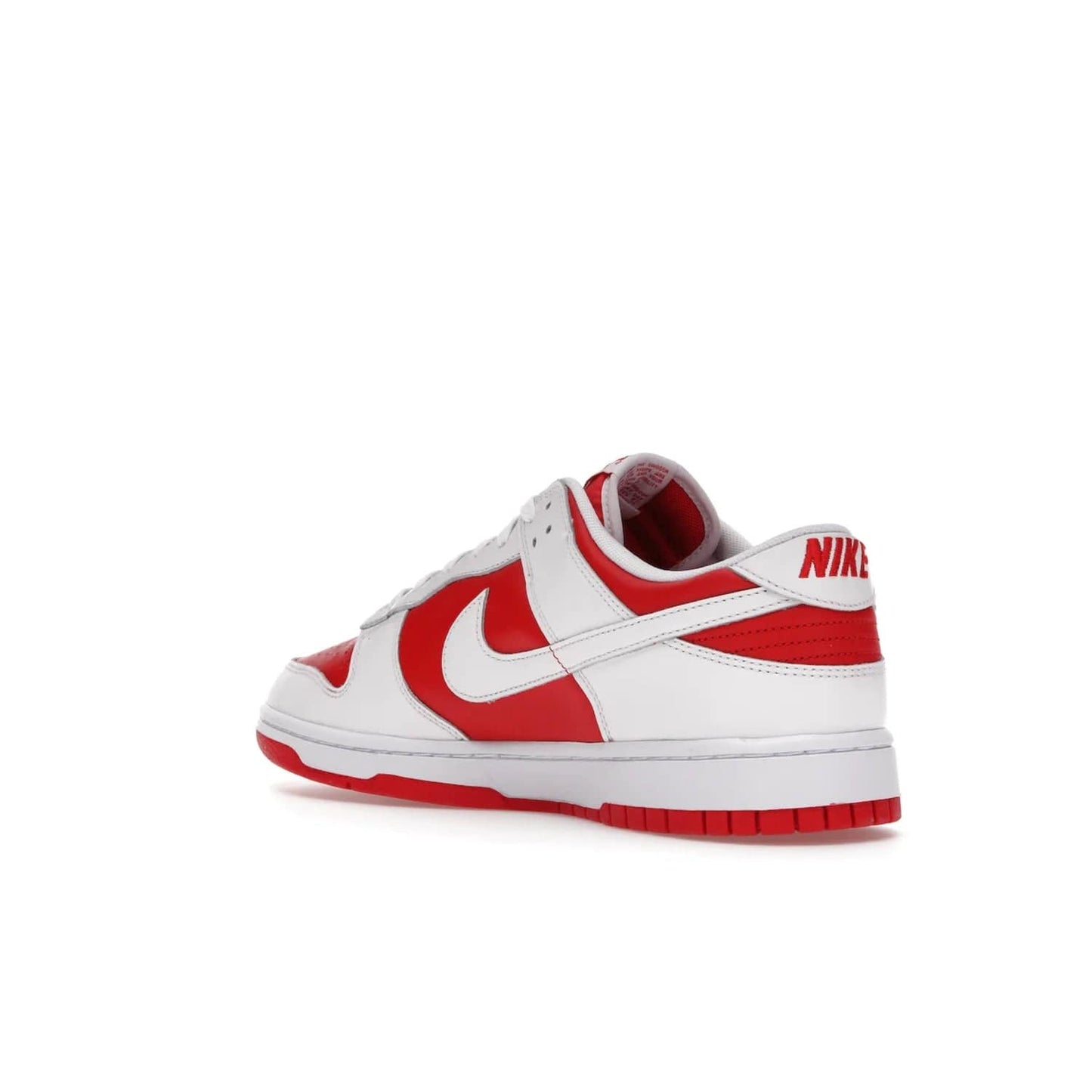 Nike Dunk Low Championship Red (2021) - Image 24 - Only at www.BallersClubKickz.com - A bold and stylish Nike Dunk Low Championship Red from 2021 with a classic retro design. University Red upper, white leather overlays and Swooshes, and a woven tongue label. Make a statement with these sleek kicks!