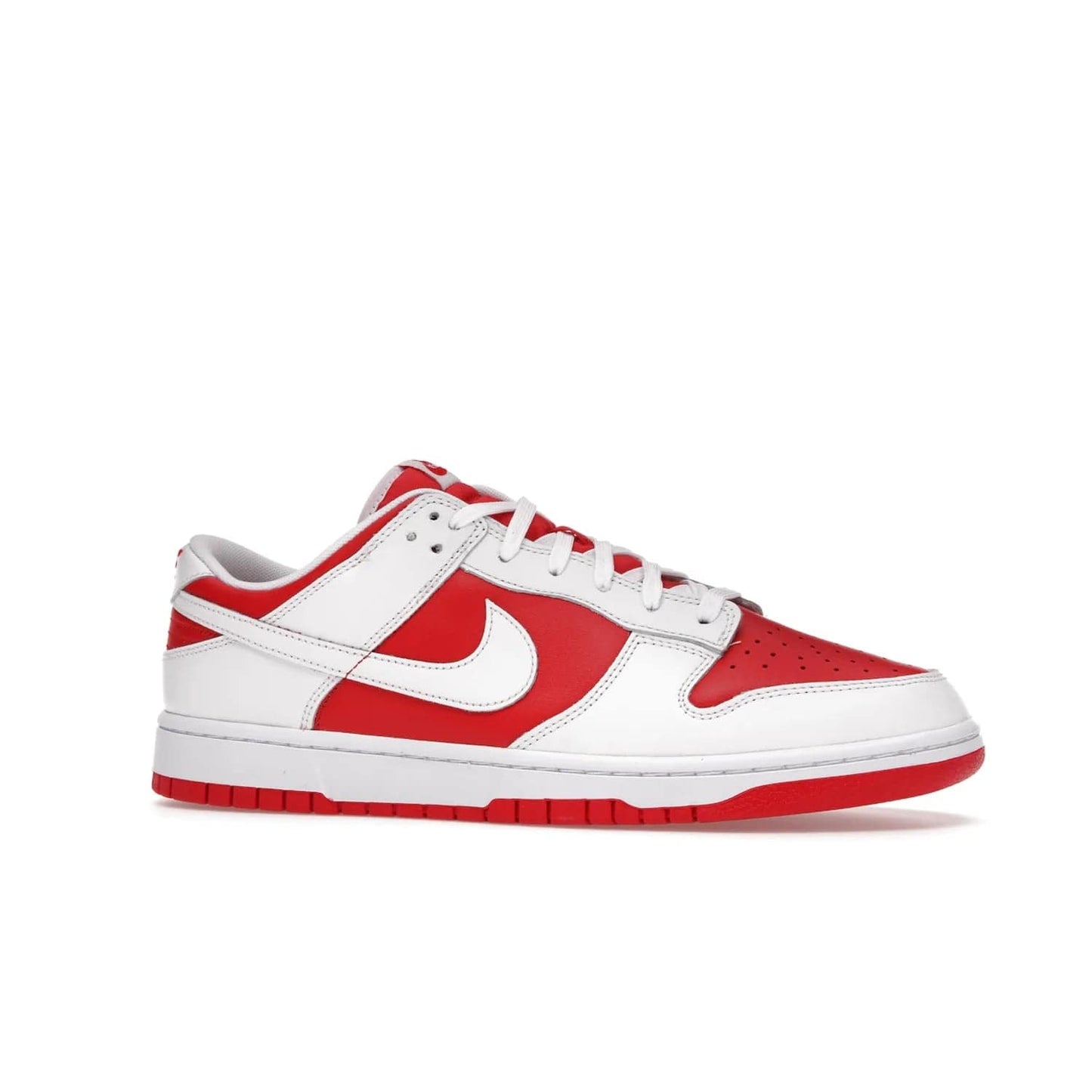 Nike Dunk Low Championship Red (2021) - Image 3 - Only at www.BallersClubKickz.com - A bold and stylish Nike Dunk Low Championship Red from 2021 with a classic retro design. University Red upper, white leather overlays and Swooshes, and a woven tongue label. Make a statement with these sleek kicks!