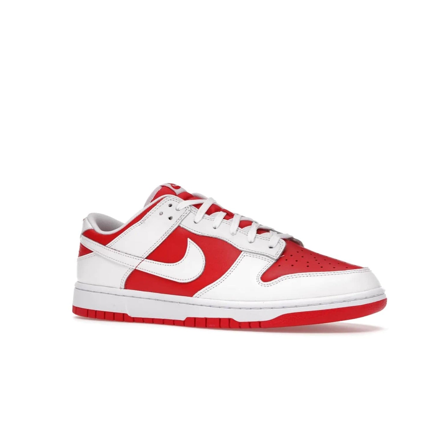 Nike Dunk Low Championship Red (2021) - Image 4 - Only at www.BallersClubKickz.com - A bold and stylish Nike Dunk Low Championship Red from 2021 with a classic retro design. University Red upper, white leather overlays and Swooshes, and a woven tongue label. Make a statement with these sleek kicks!
