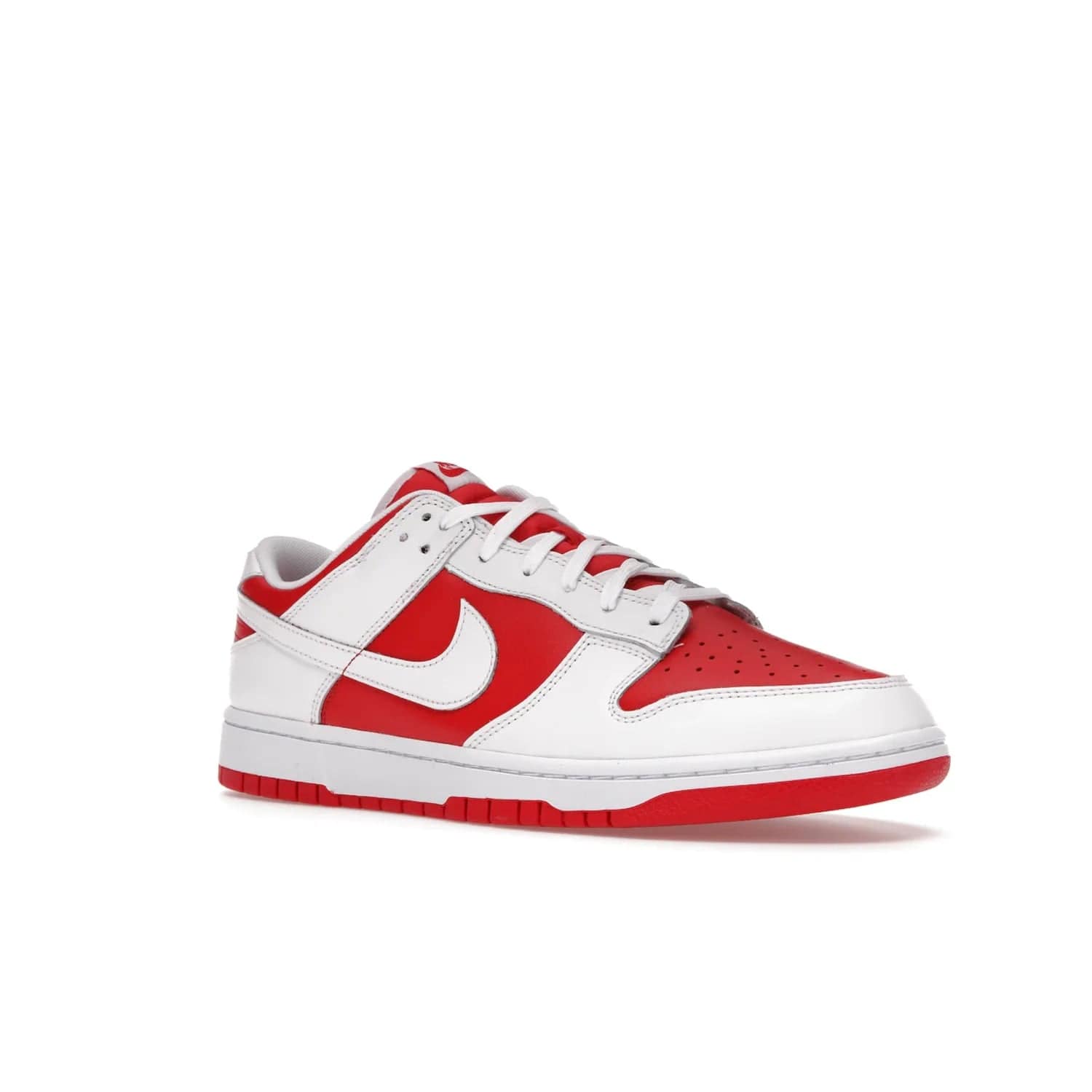 Nike Dunk Low Championship Red (2021) - Image 5 - Only at www.BallersClubKickz.com - A bold and stylish Nike Dunk Low Championship Red from 2021 with a classic retro design. University Red upper, white leather overlays and Swooshes, and a woven tongue label. Make a statement with these sleek kicks!