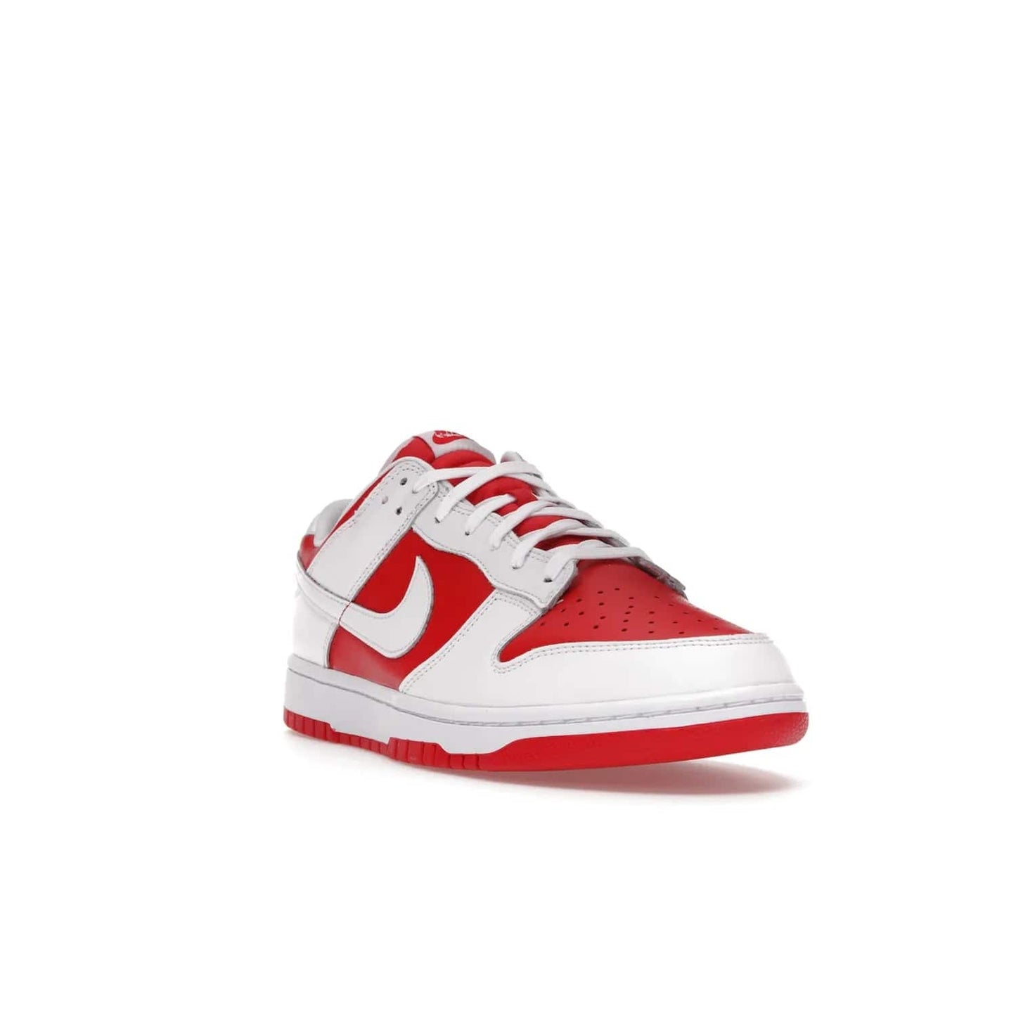 Nike Dunk Low Championship Red (2021) - Image 7 - Only at www.BallersClubKickz.com - A bold and stylish Nike Dunk Low Championship Red from 2021 with a classic retro design. University Red upper, white leather overlays and Swooshes, and a woven tongue label. Make a statement with these sleek kicks!