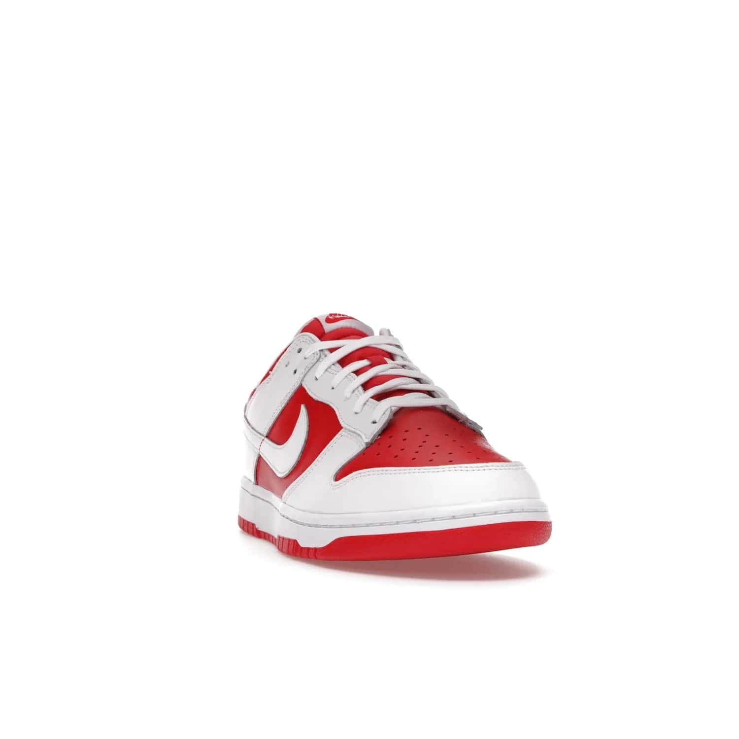 Nike Dunk Low Championship Red (2021) - Image 8 - Only at www.BallersClubKickz.com - A bold and stylish Nike Dunk Low Championship Red from 2021 with a classic retro design. University Red upper, white leather overlays and Swooshes, and a woven tongue label. Make a statement with these sleek kicks!