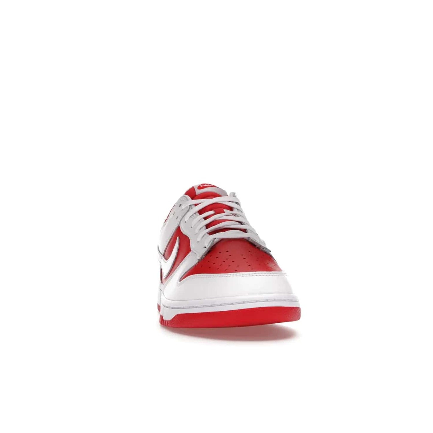Nike Dunk Low Championship Red (2021) - Image 9 - Only at www.BallersClubKickz.com - A bold and stylish Nike Dunk Low Championship Red from 2021 with a classic retro design. University Red upper, white leather overlays and Swooshes, and a woven tongue label. Make a statement with these sleek kicks!
