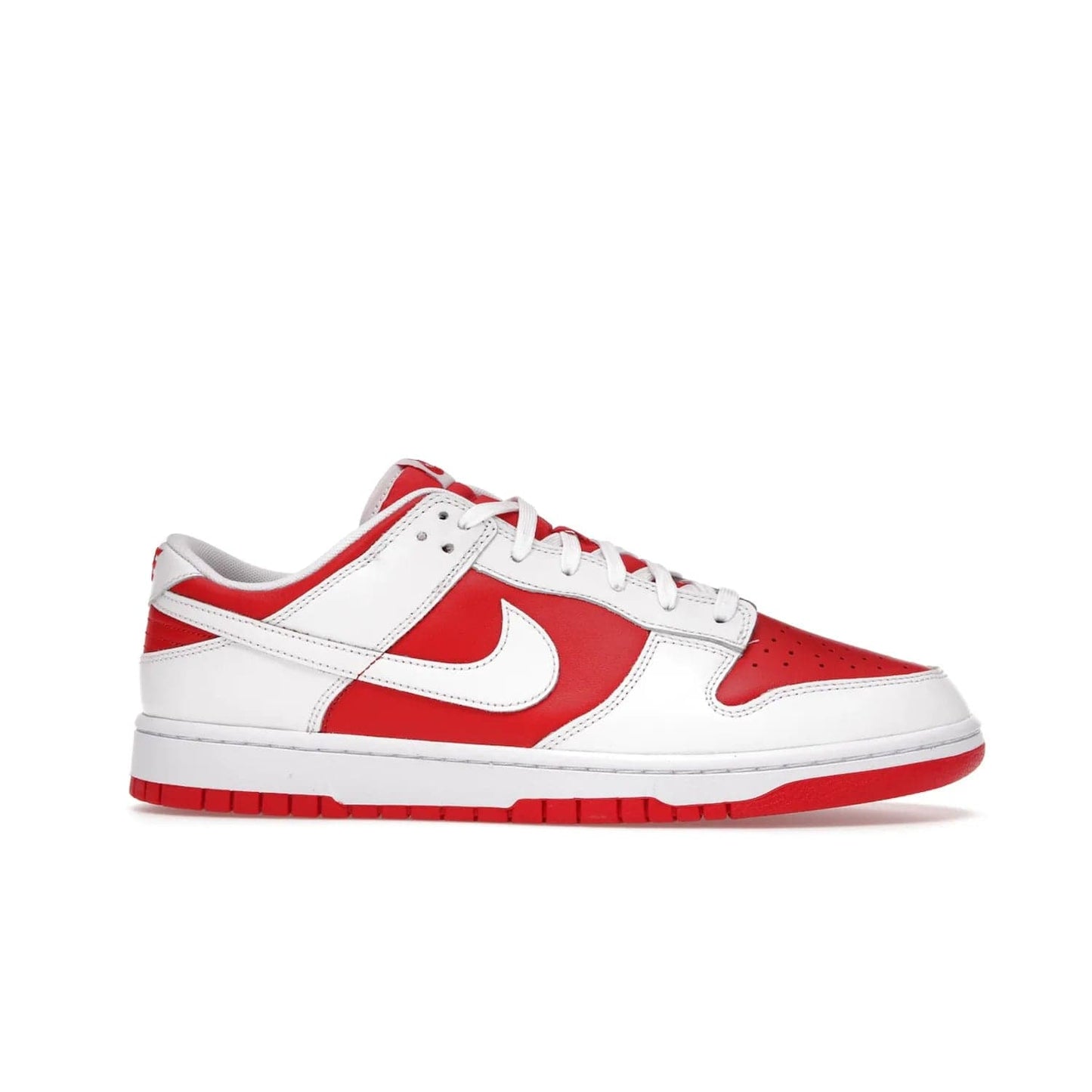 Nike Dunk Low Championship Red (2021) - Image 2 - Only at www.BallersClubKickz.com - A bold and stylish Nike Dunk Low Championship Red from 2021 with a classic retro design. University Red upper, white leather overlays and Swooshes, and a woven tongue label. Make a statement with these sleek kicks!
