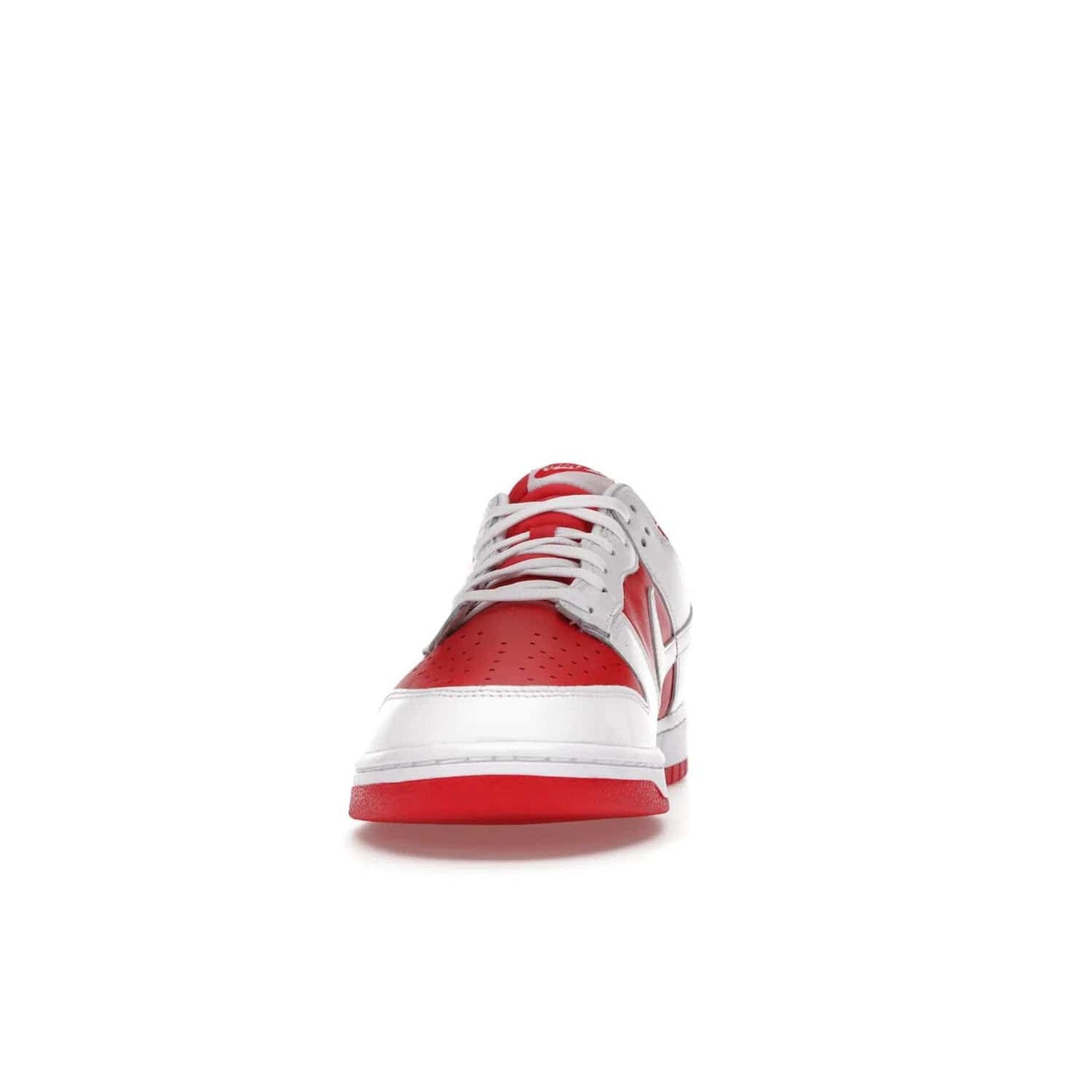 Nike Dunk Low Championship Red (2021) - Image 11 - Only at www.BallersClubKickz.com - A bold and stylish Nike Dunk Low Championship Red from 2021 with a classic retro design. University Red upper, white leather overlays and Swooshes, and a woven tongue label. Make a statement with these sleek kicks!