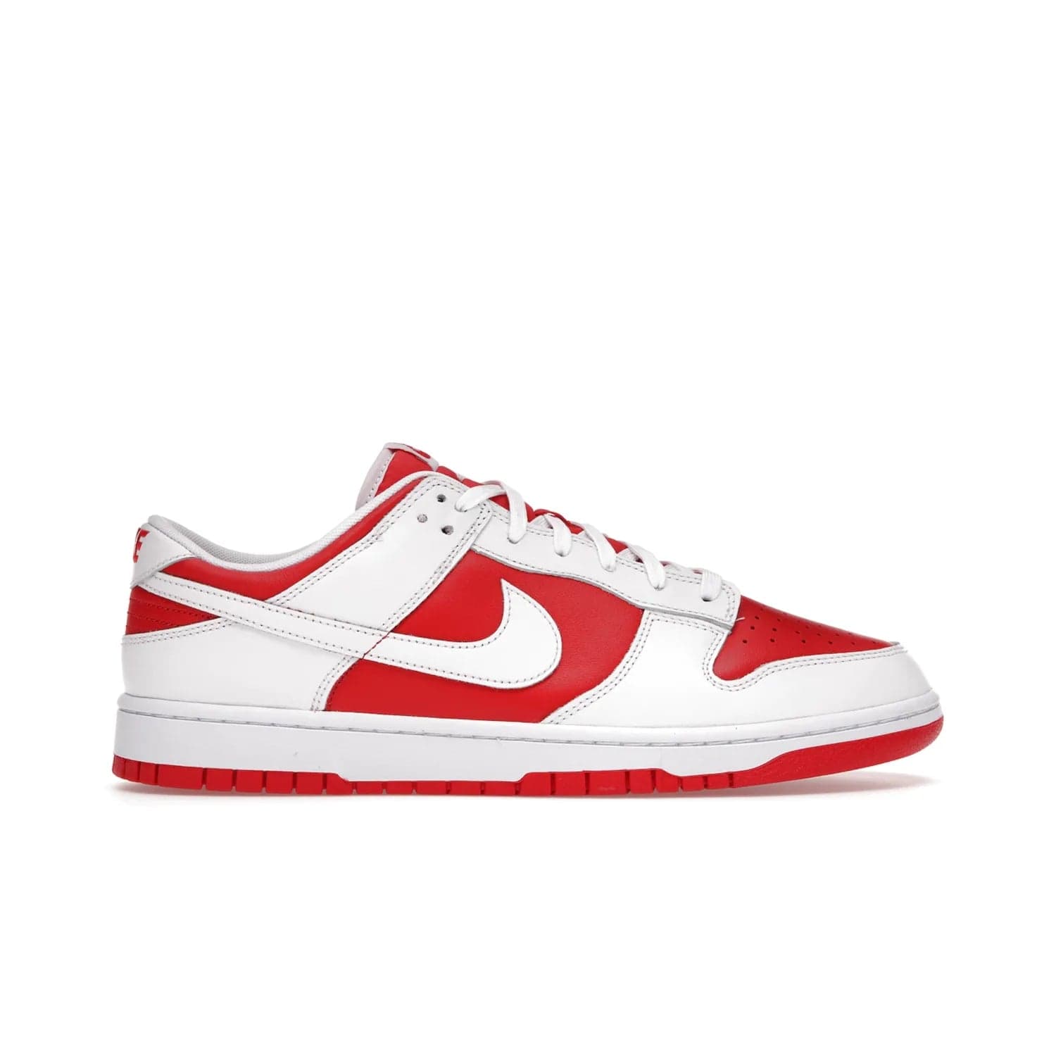 Nike Dunk Low Championship Red (2021) - Image 1 - Only at www.BallersClubKickz.com - A bold and stylish Nike Dunk Low Championship Red from 2021 with a classic retro design. University Red upper, white leather overlays and Swooshes, and a woven tongue label. Make a statement with these sleek kicks!