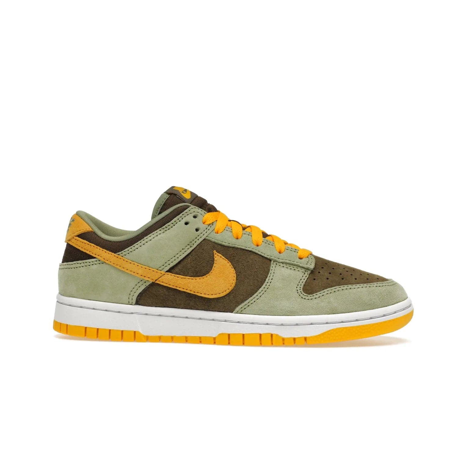 Nike Dunk Low Dusty Olive (2021/2023) - Image 2 - Only at www.BallersClubKickz.com - Nike Dunk Low Dusty Olive brings premium materials and timeless sneaker design to the streets. Pro Gold suede, brown canvas, and Dusty Olive suede upper complete the classic look with a white midsole and Pro Gold outsole. Get the perfect balance of style and comfort with the Nike Dunk Low Dusty Olive.