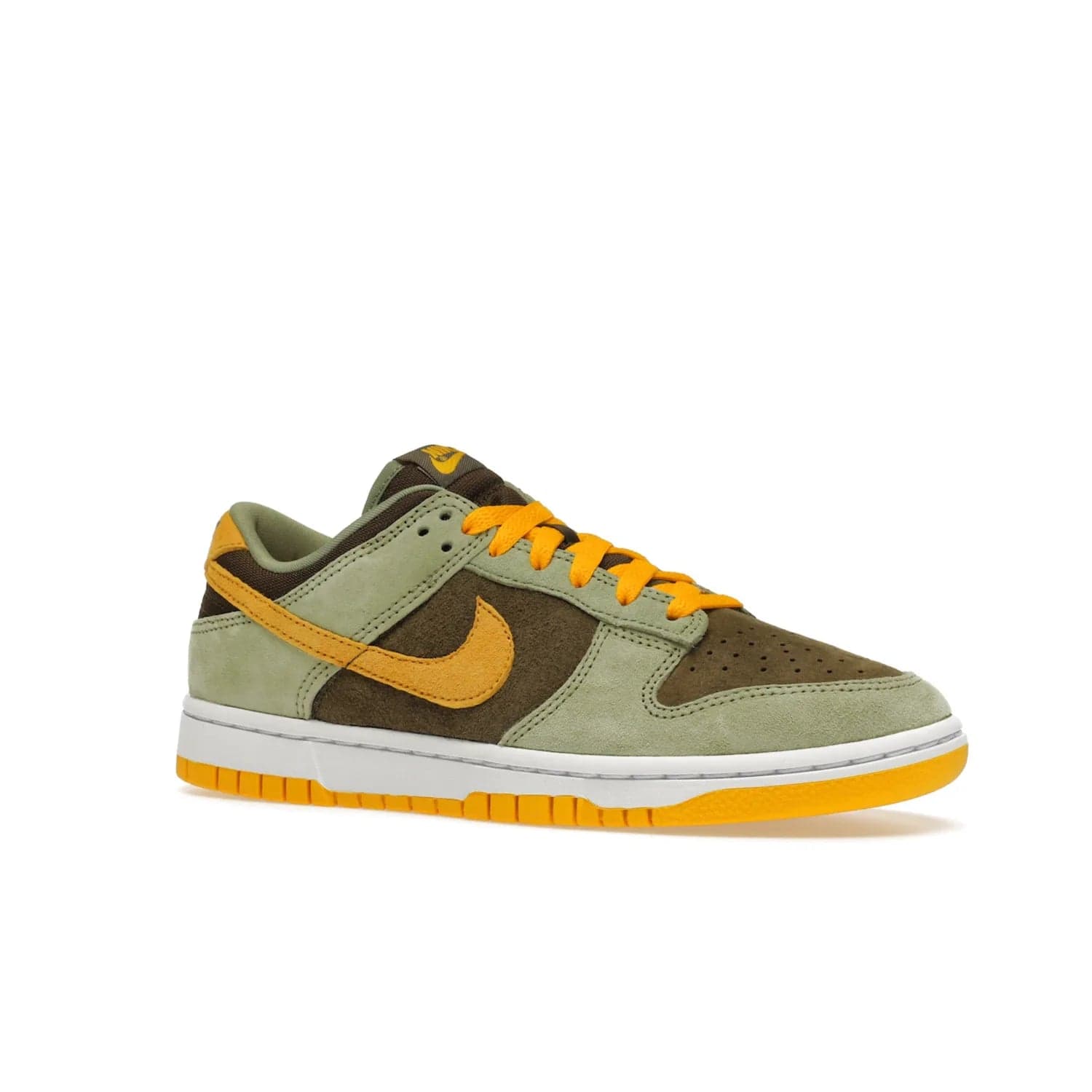 Nike Dunk Low Dusty Olive (2021/2023) - Image 4 - Only at www.BallersClubKickz.com - Nike Dunk Low Dusty Olive brings premium materials and timeless sneaker design to the streets. Pro Gold suede, brown canvas, and Dusty Olive suede upper complete the classic look with a white midsole and Pro Gold outsole. Get the perfect balance of style and comfort with the Nike Dunk Low Dusty Olive.