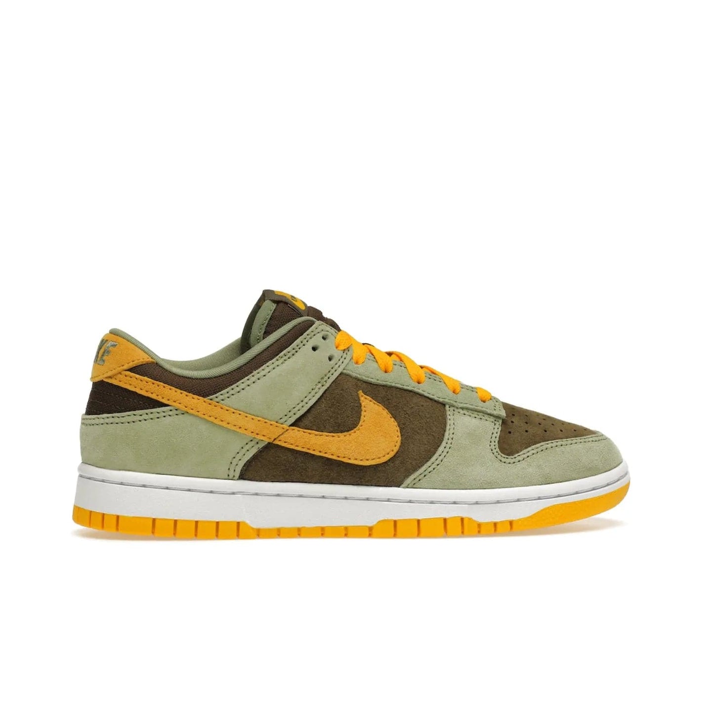 Nike Dunk Low Dusty Olive (2021/2023) - Image 36 - Only at www.BallersClubKickz.com - Nike Dunk Low Dusty Olive brings premium materials and timeless sneaker design to the streets. Pro Gold suede, brown canvas, and Dusty Olive suede upper complete the classic look with a white midsole and Pro Gold outsole. Get the perfect balance of style and comfort with the Nike Dunk Low Dusty Olive.