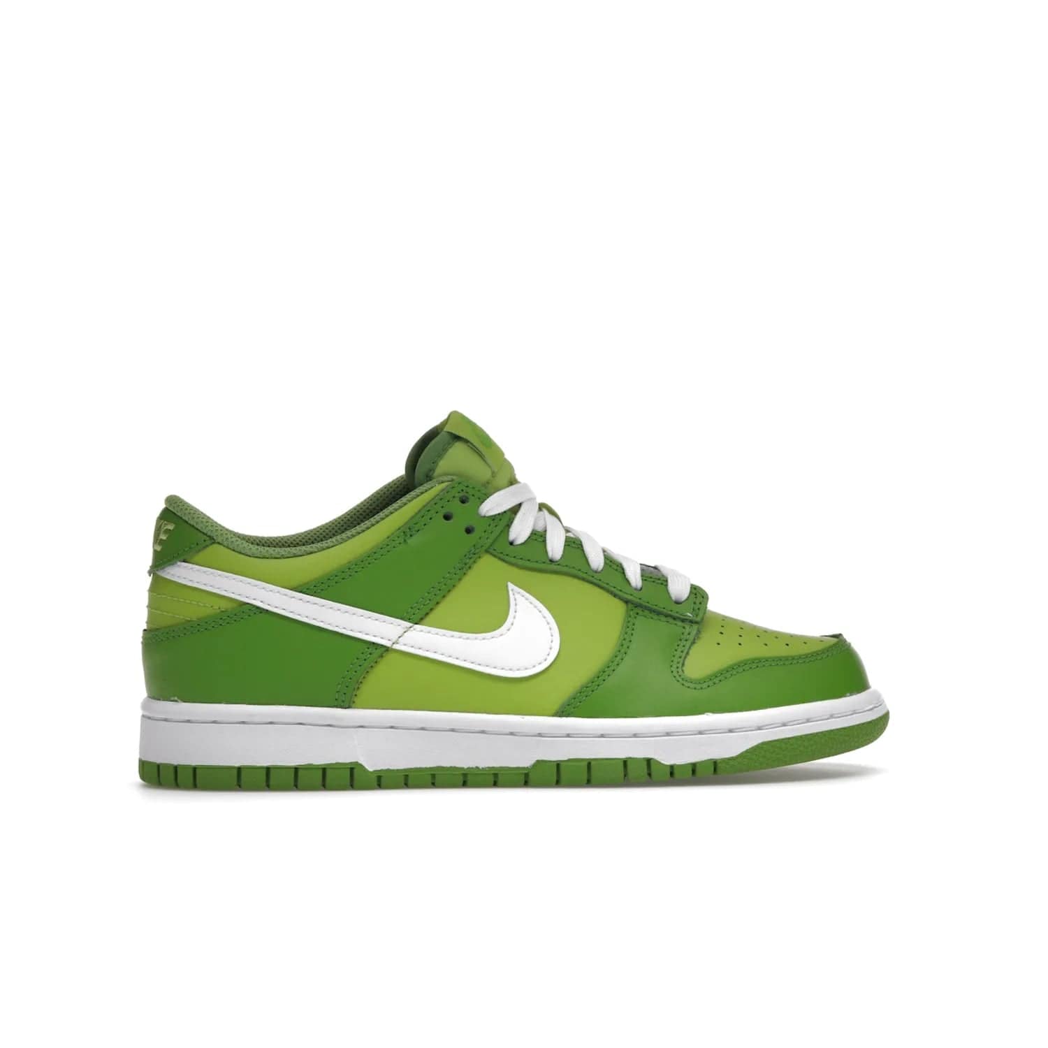 Nike Dunk Low Chlorophyll (GS) - Image 36 - Only at www.BallersClubKickz.com - Grade schoolers release the Nike Dunk Low Chlorophyll (GS) featuring a vivid green leather base with chlorophyll green overlays, plus Nike branding in chlorophyll green. White midsole and outsole complete the design. Released Jan 2022.