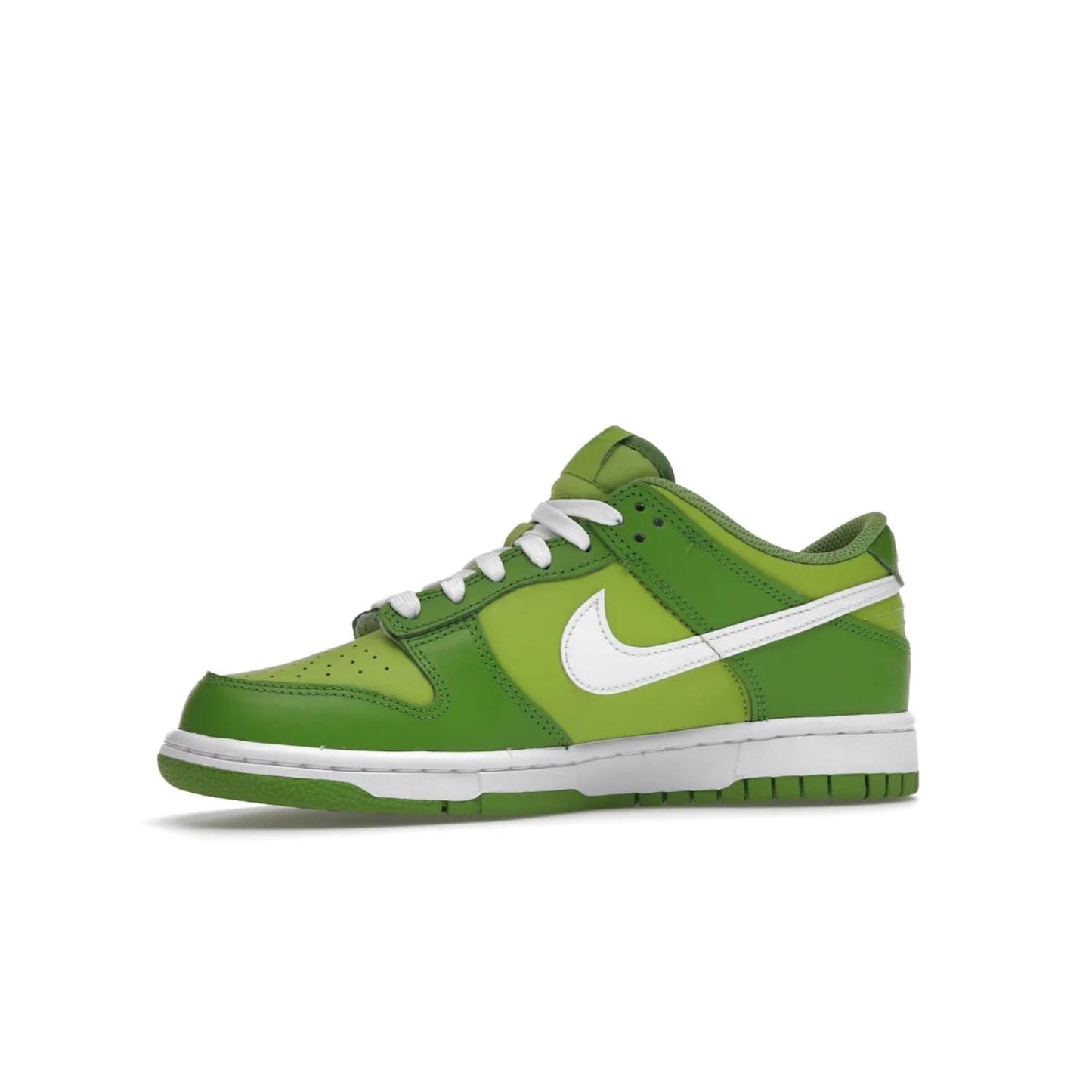 Nike Dunk Low Chlorophyll (GS) - Image 17 - Only at www.BallersClubKickz.com - Grade schoolers release the Nike Dunk Low Chlorophyll (GS) featuring a vivid green leather base with chlorophyll green overlays, plus Nike branding in chlorophyll green. White midsole and outsole complete the design. Released Jan 2022.