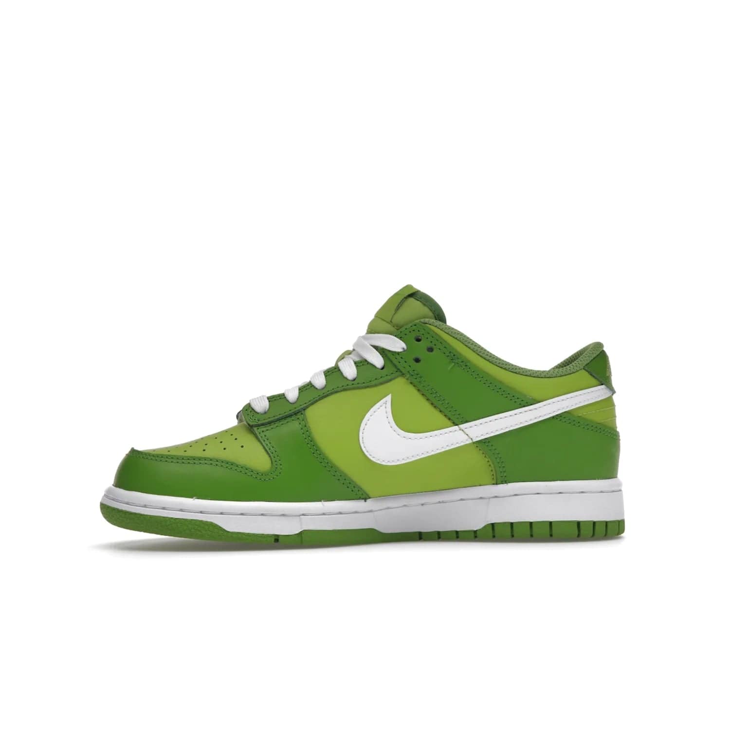 Nike Dunk Low Chlorophyll (GS) - Image 18 - Only at www.BallersClubKickz.com - Grade schoolers release the Nike Dunk Low Chlorophyll (GS) featuring a vivid green leather base with chlorophyll green overlays, plus Nike branding in chlorophyll green. White midsole and outsole complete the design. Released Jan 2022.