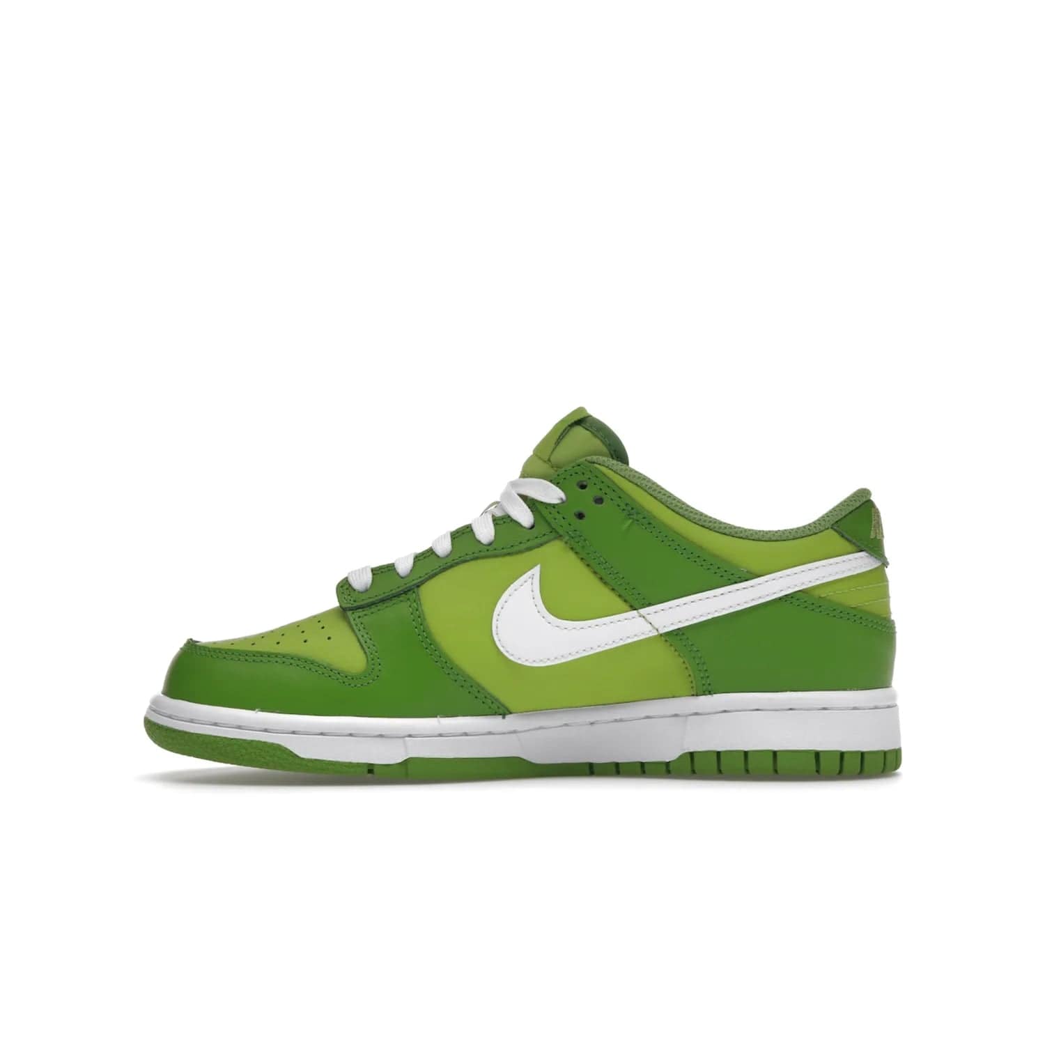 Nike Dunk Low Chlorophyll (GS) - Image 19 - Only at www.BallersClubKickz.com - Grade schoolers release the Nike Dunk Low Chlorophyll (GS) featuring a vivid green leather base with chlorophyll green overlays, plus Nike branding in chlorophyll green. White midsole and outsole complete the design. Released Jan 2022.