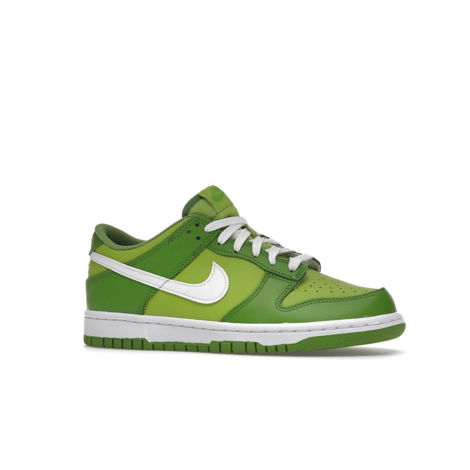 Nike Dunk Low Chlorophyll (GS) - Image 3 - Only at www.BallersClubKickz.com - Grade schoolers release the Nike Dunk Low Chlorophyll (GS) featuring a vivid green leather base with chlorophyll green overlays, plus Nike branding in chlorophyll green. White midsole and outsole complete the design. Released Jan 2022.