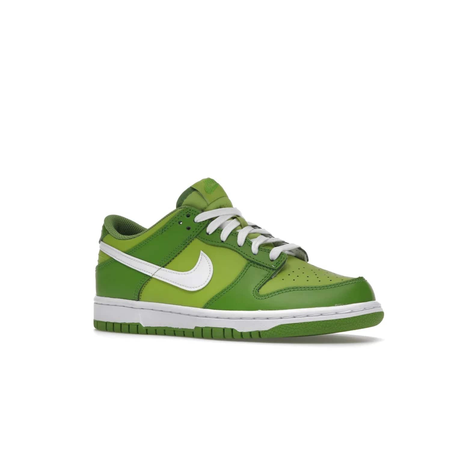 Nike Dunk Low Chlorophyll (GS) - Image 4 - Only at www.BallersClubKickz.com - Grade schoolers release the Nike Dunk Low Chlorophyll (GS) featuring a vivid green leather base with chlorophyll green overlays, plus Nike branding in chlorophyll green. White midsole and outsole complete the design. Released Jan 2022.
